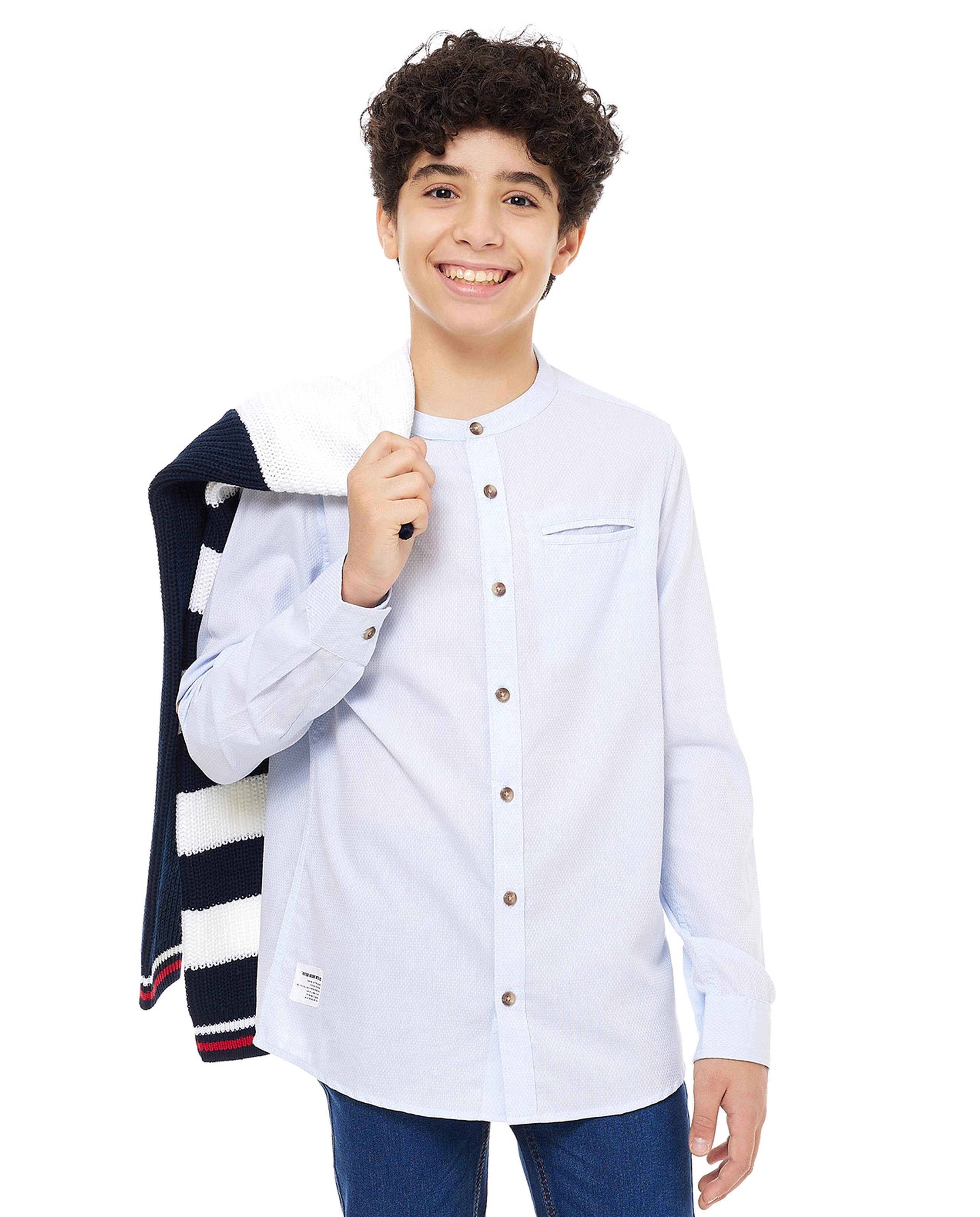 Woven Shirt with Mandarin Collar and Long Sleeves