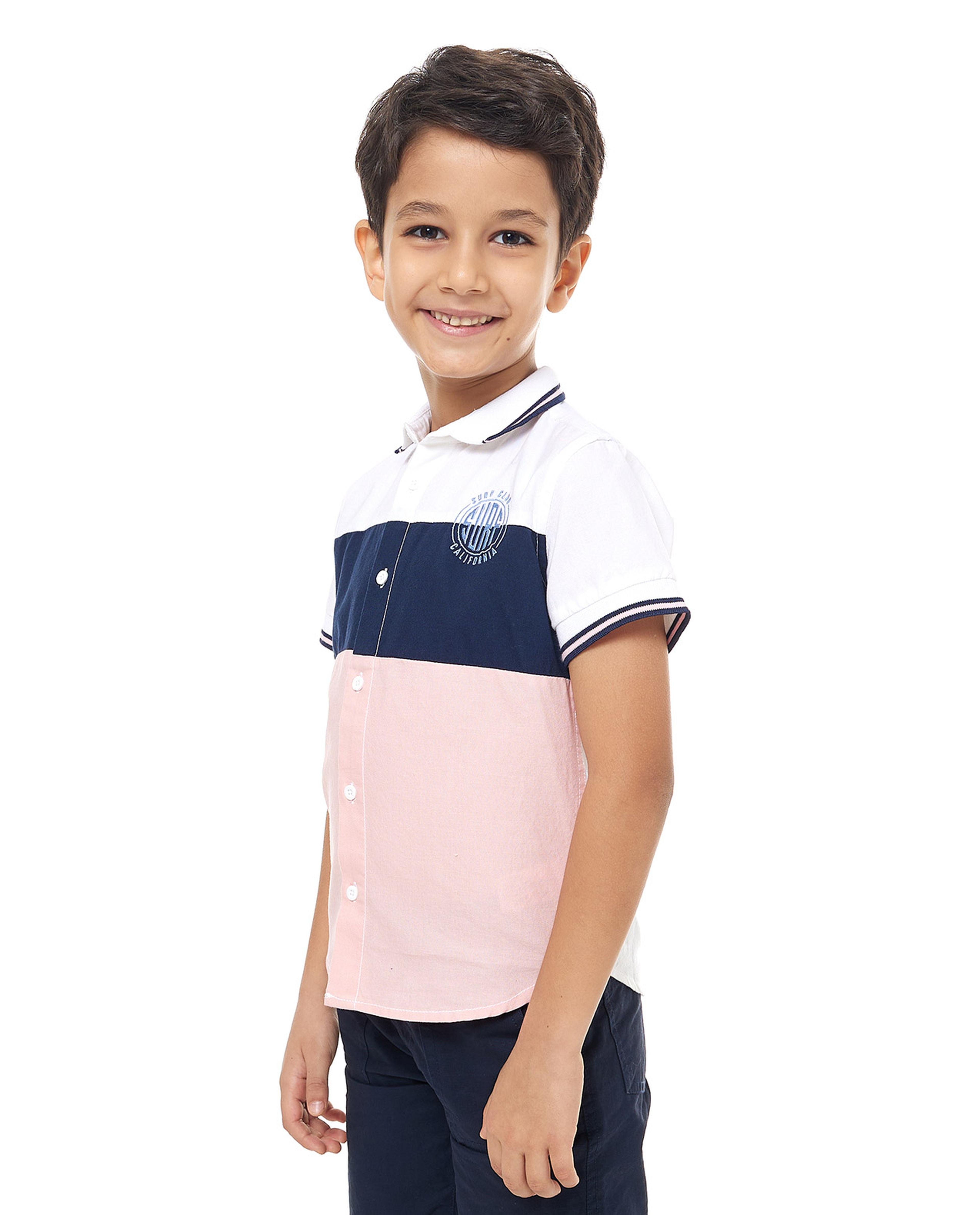 Color Block Shirt with Classic Collar and Short Sleeves