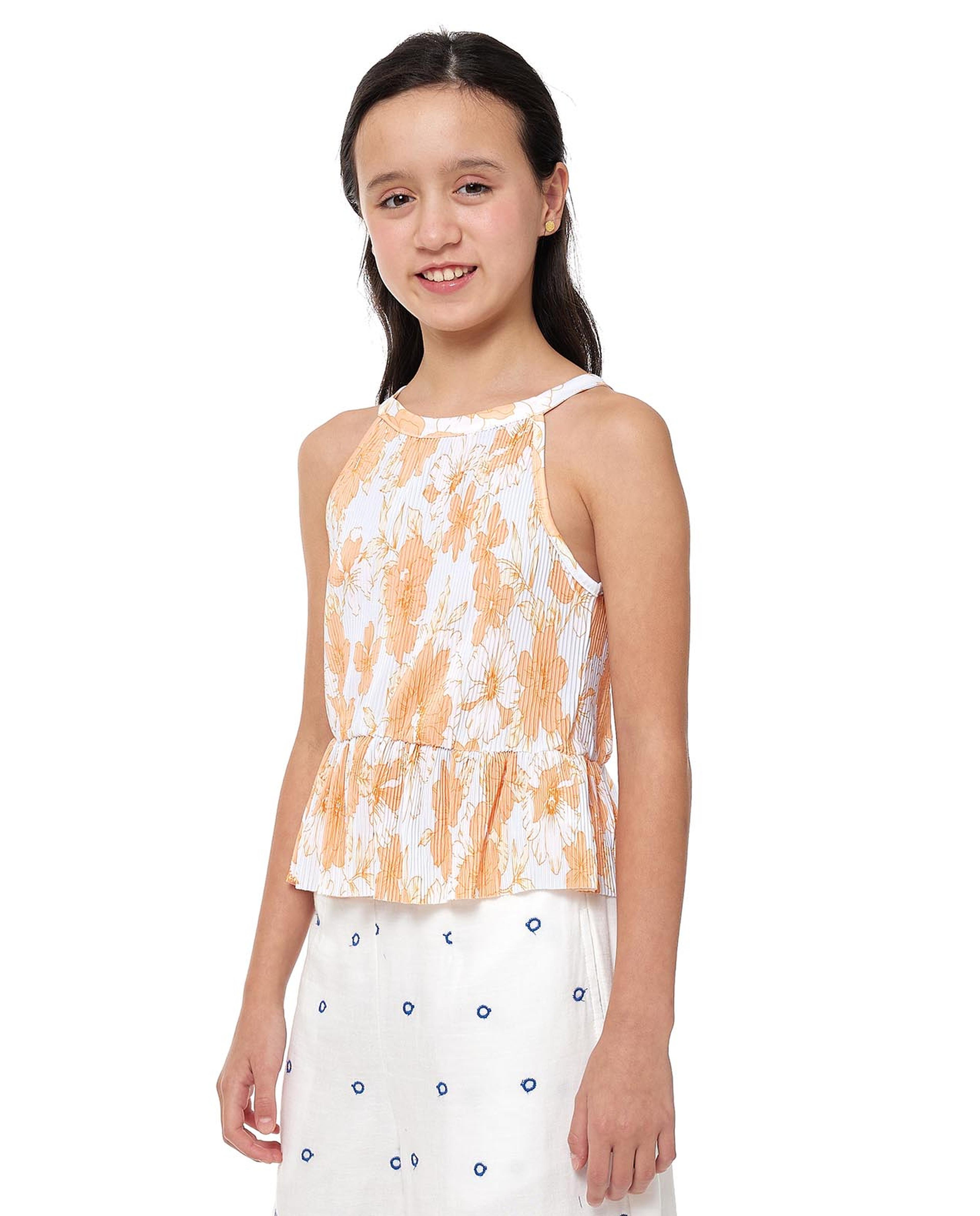 Floral Print Top with Round Neck and Shoulder Straps