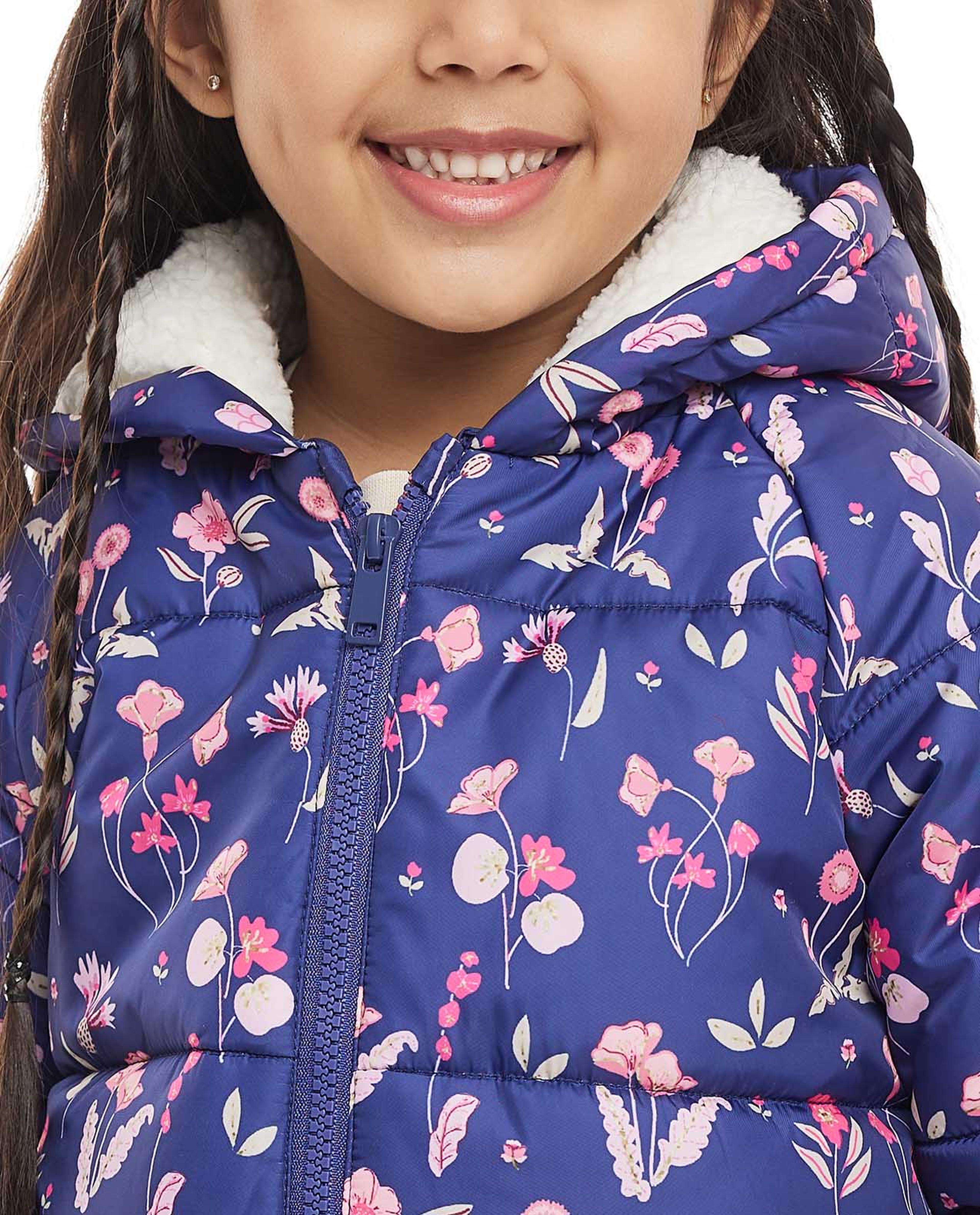 Printed Hooded Puffer Jacket with Zipper Front
