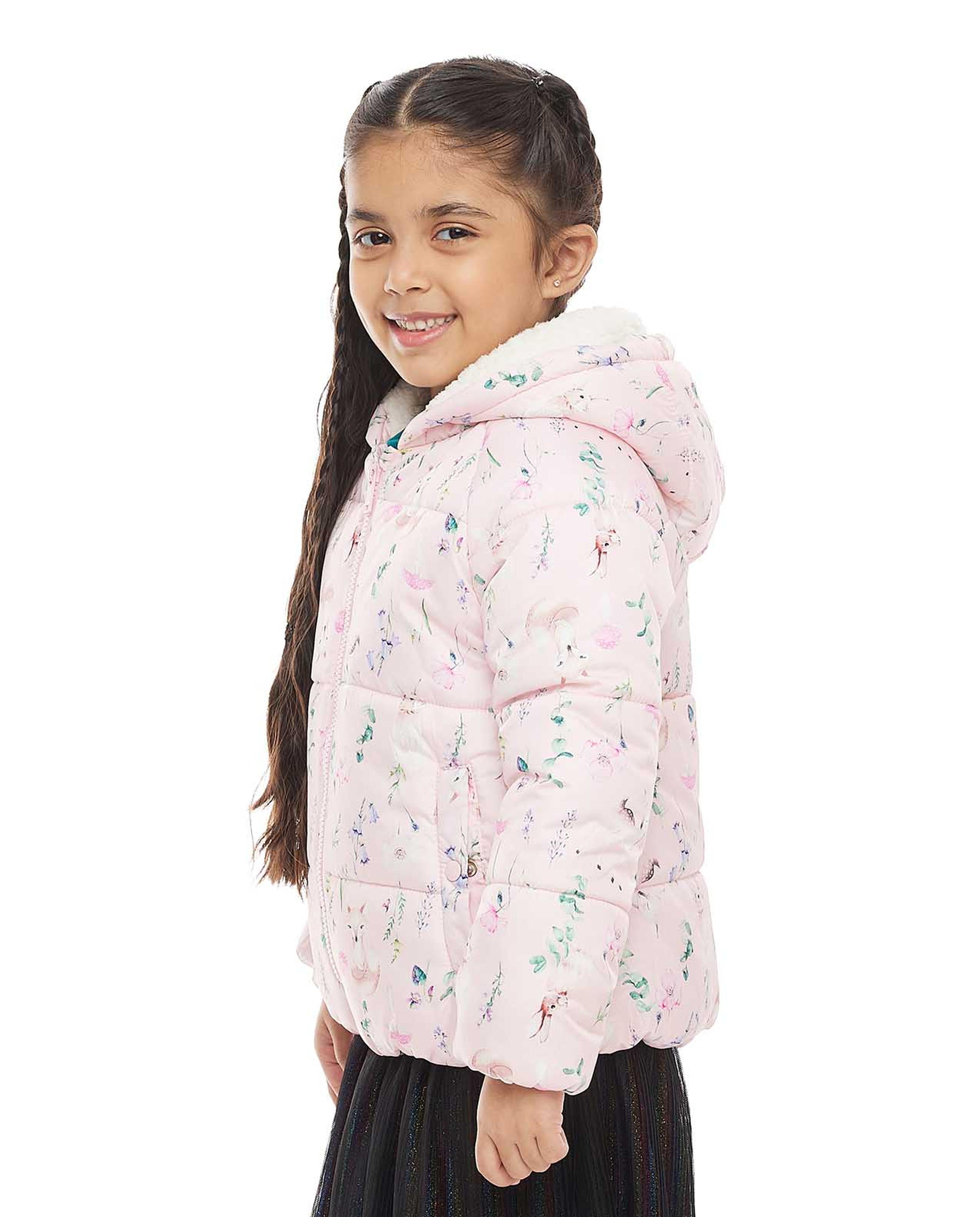 Printed Hooded Puffer Jacket with Zipper Front