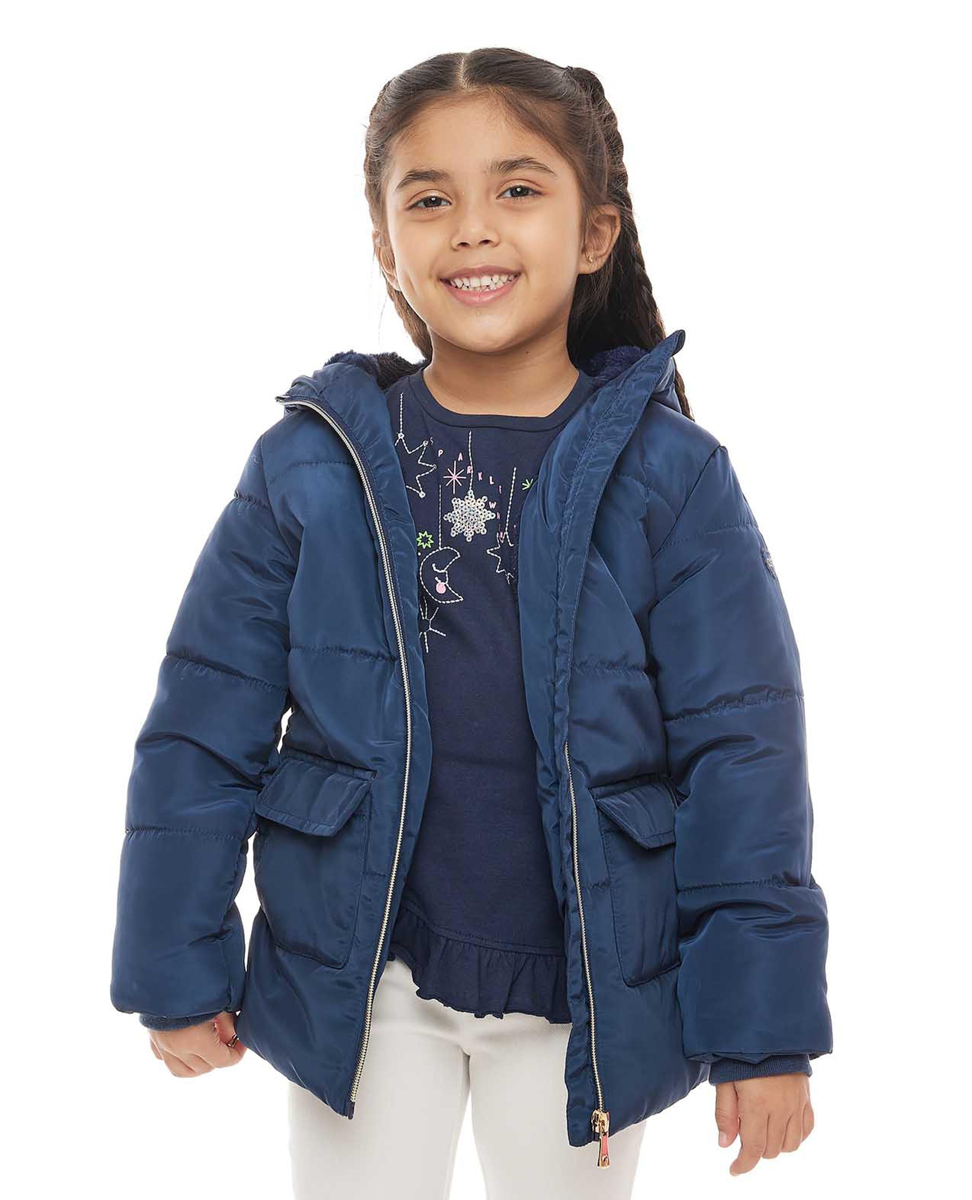 Solid Hooded Puffer Jacket with Zipper Front