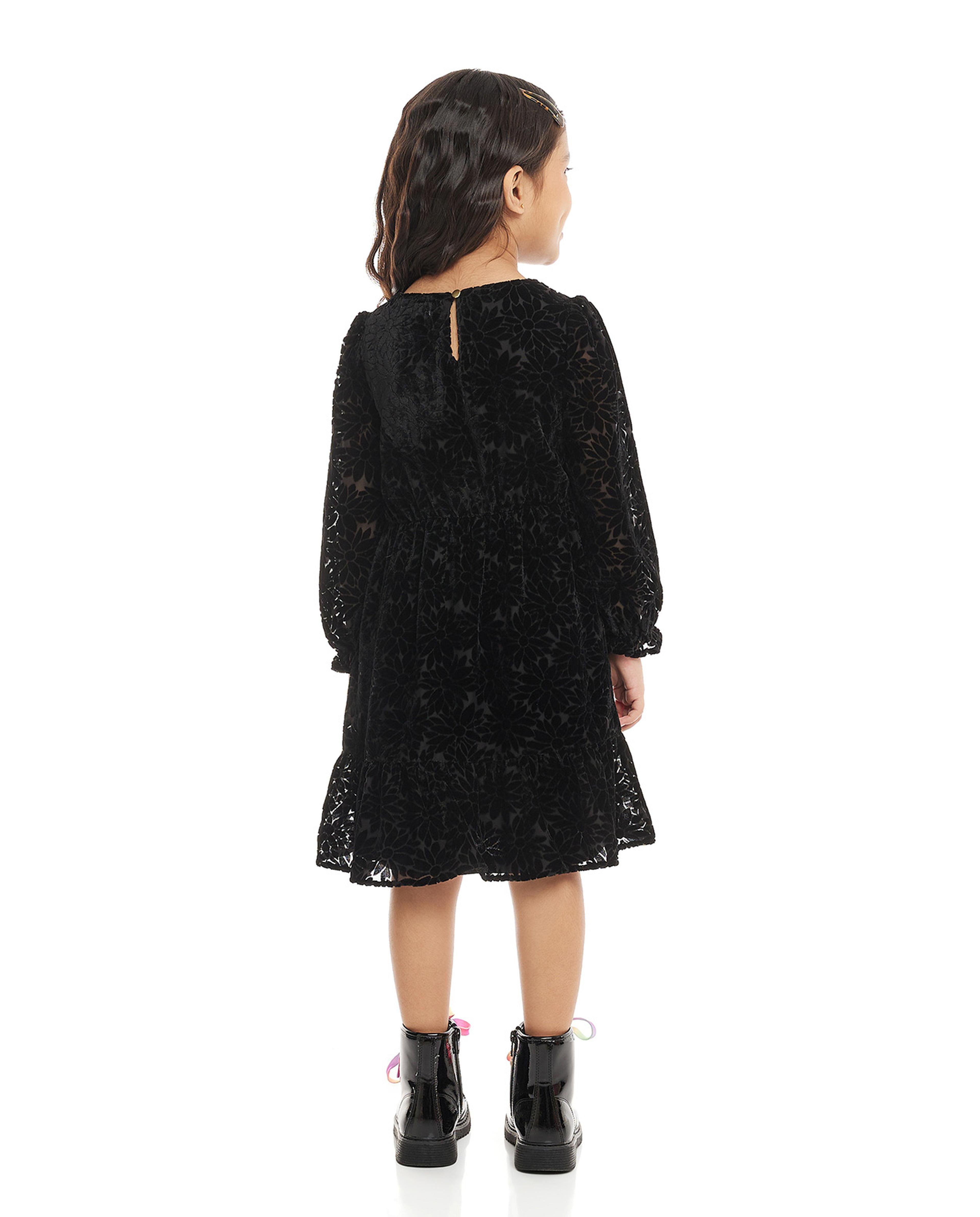 Woven Dress with Crew Neck and Long Sleeves