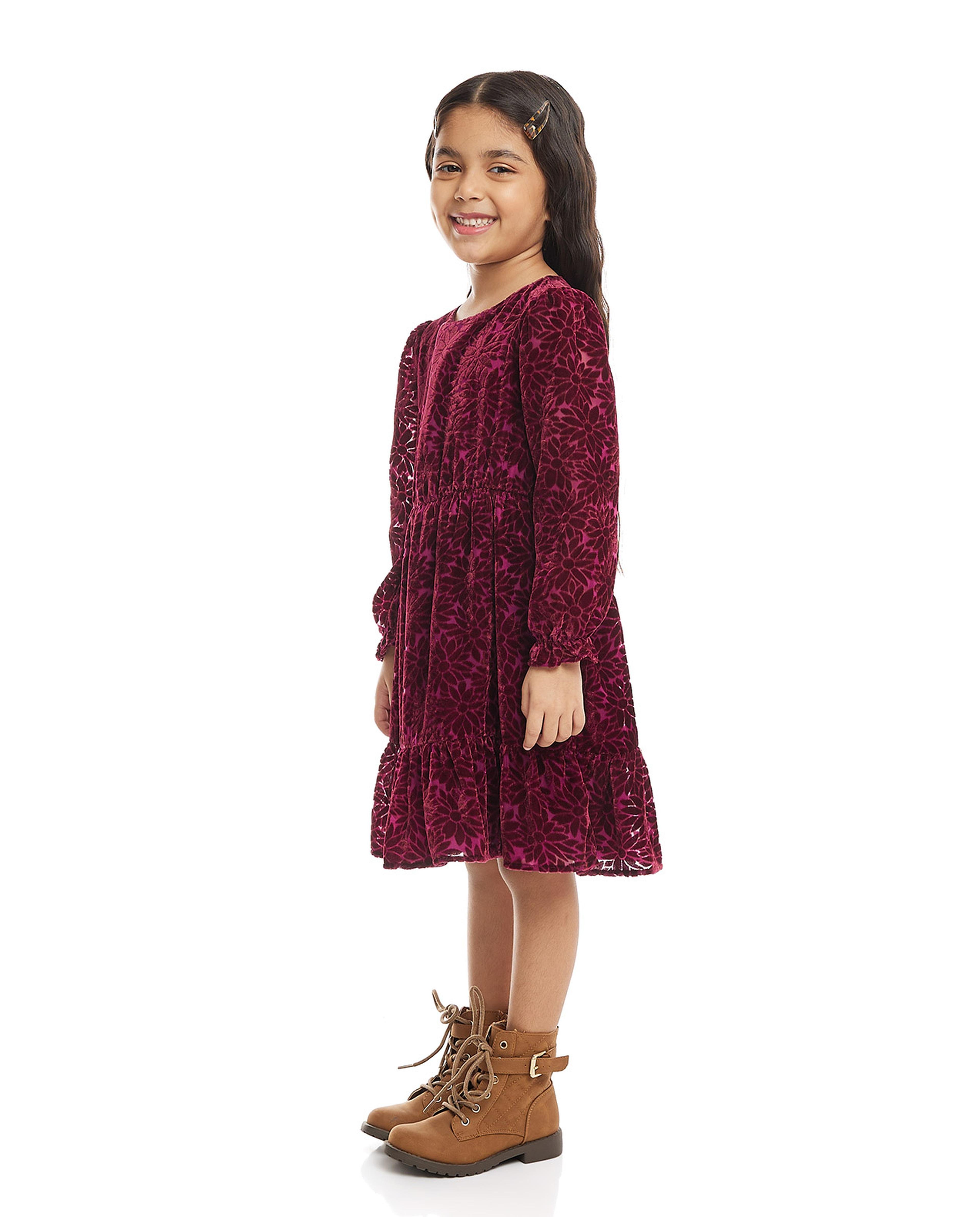 Woven Dress with Crew Neck and Long Sleeves