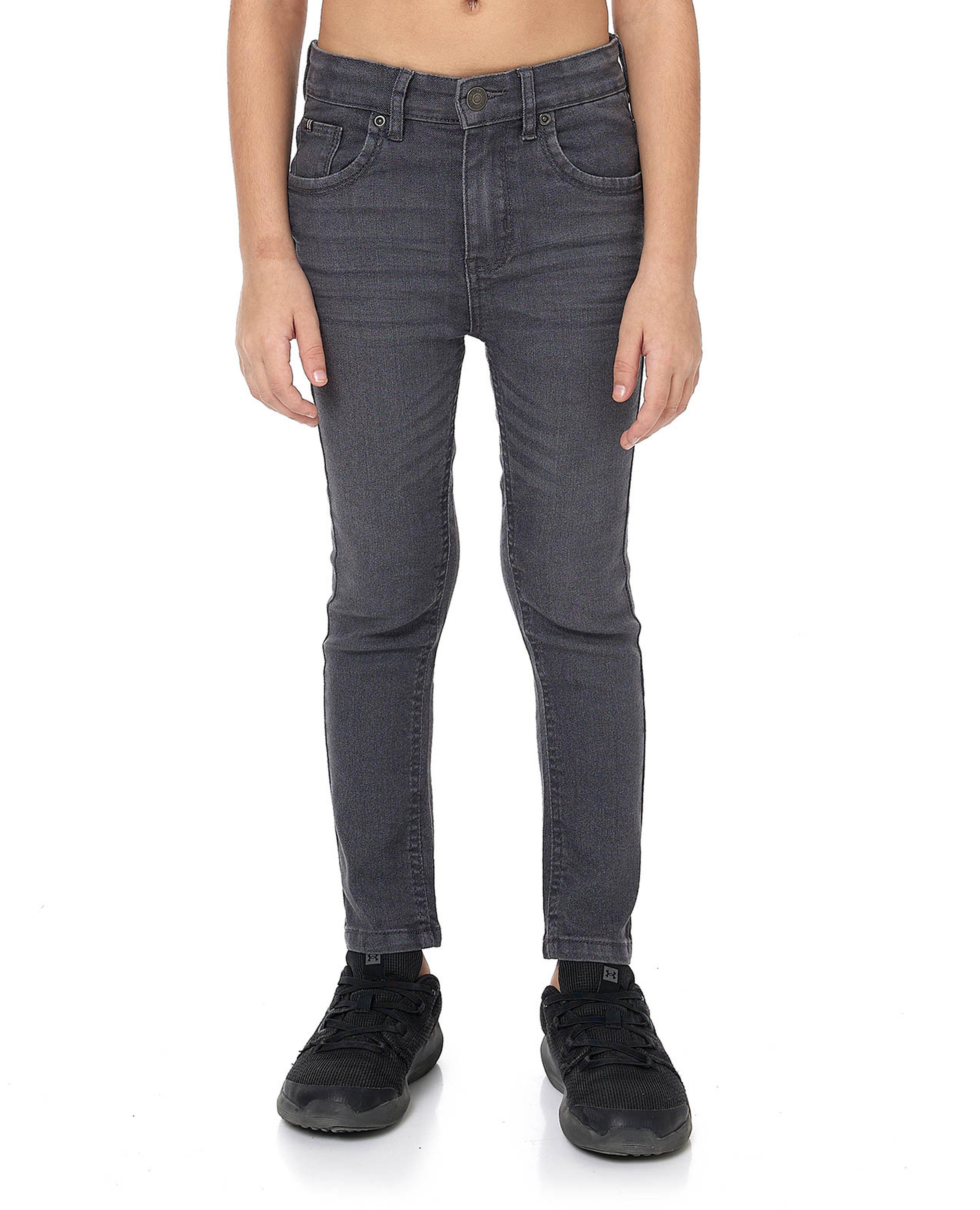 Washed Slim Fit Jeans with Button Closure