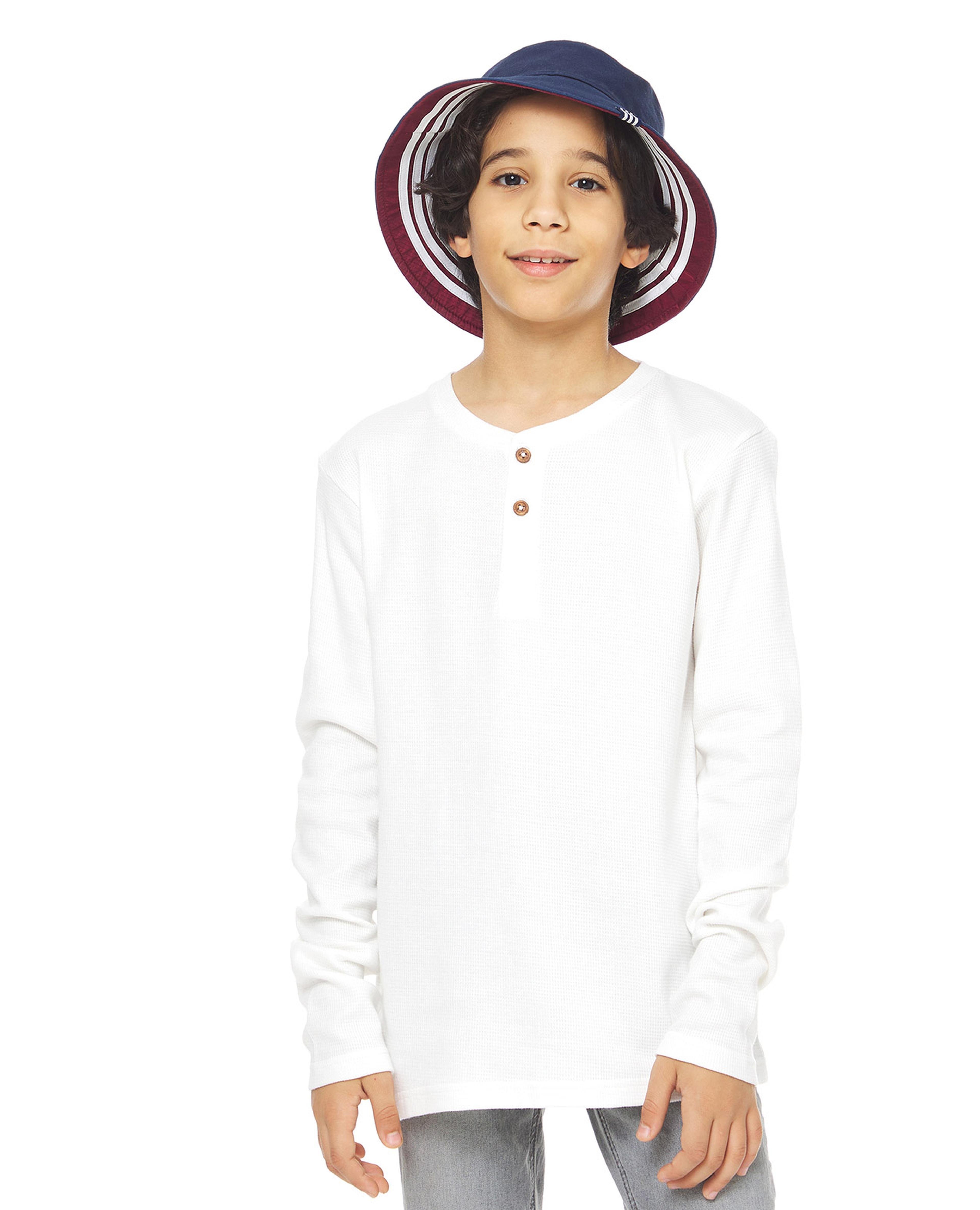 Solid T-Shirt with Henley Neck and Long Sleeves