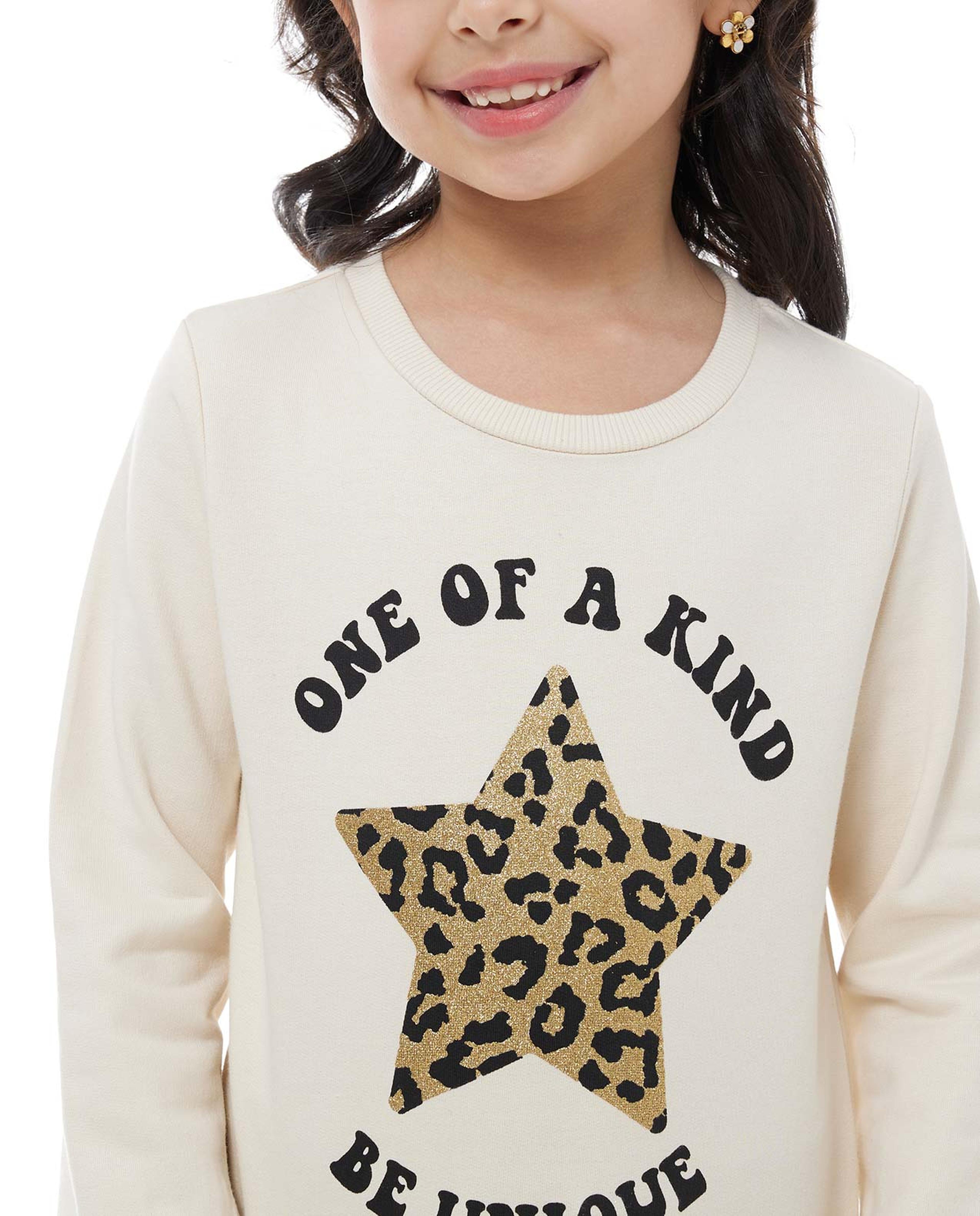 Glitter Print Sweatshirt with Crew Neck and Long Sleeves