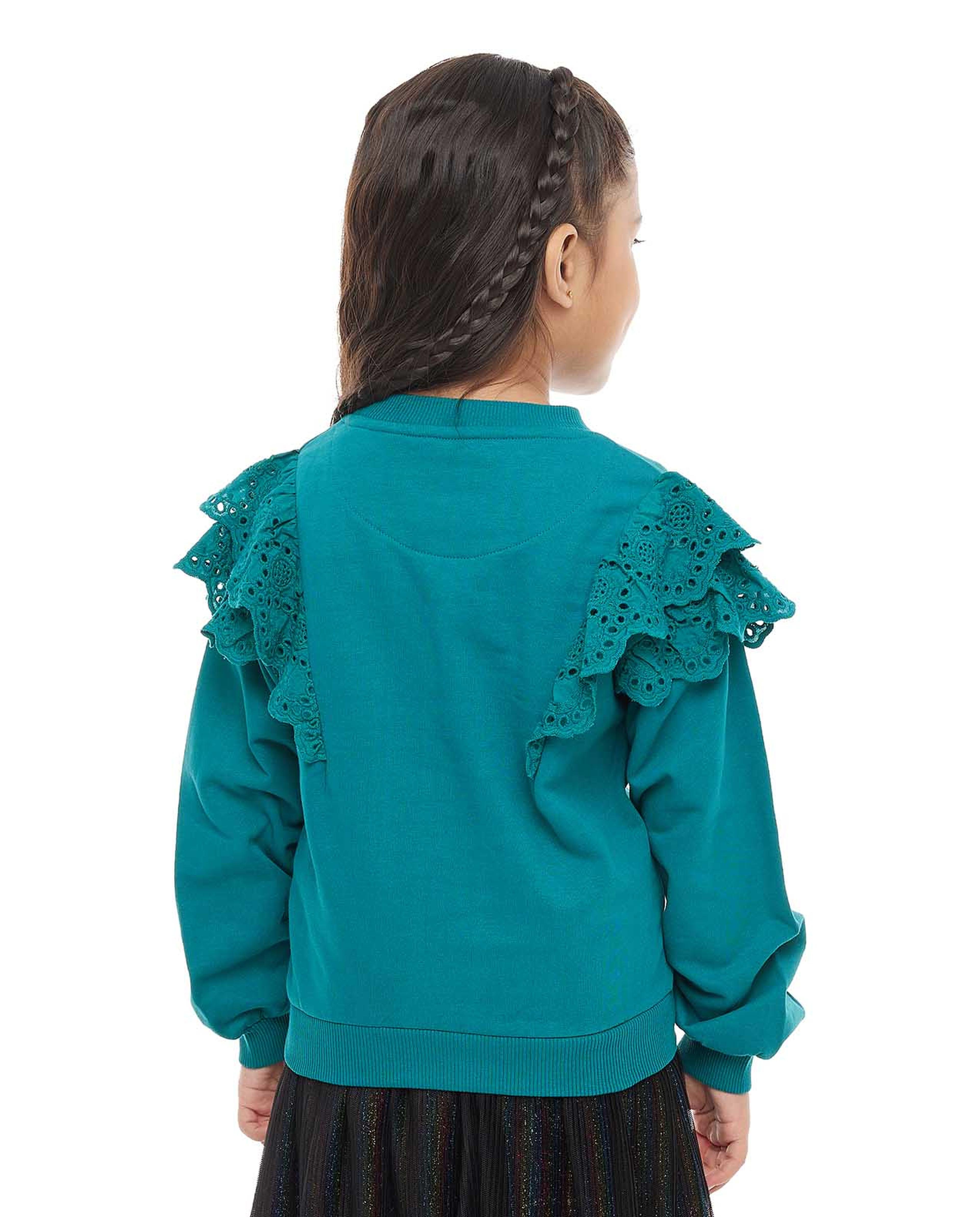 Ruffle Detail Sweatshirt with Crew Neck and Long Sleeves