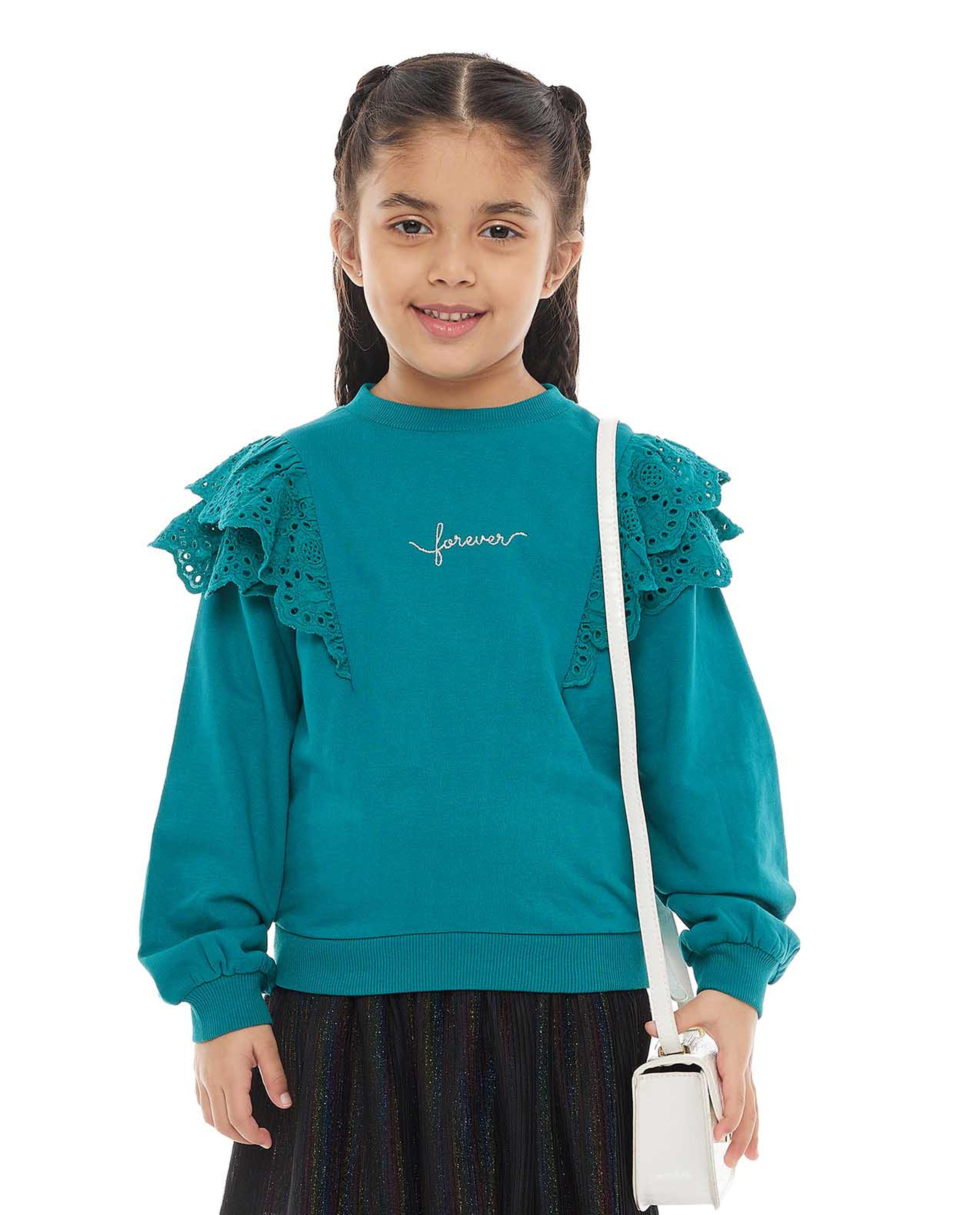 Ruffle Detail Sweatshirt with Crew Neck and Long Sleeves