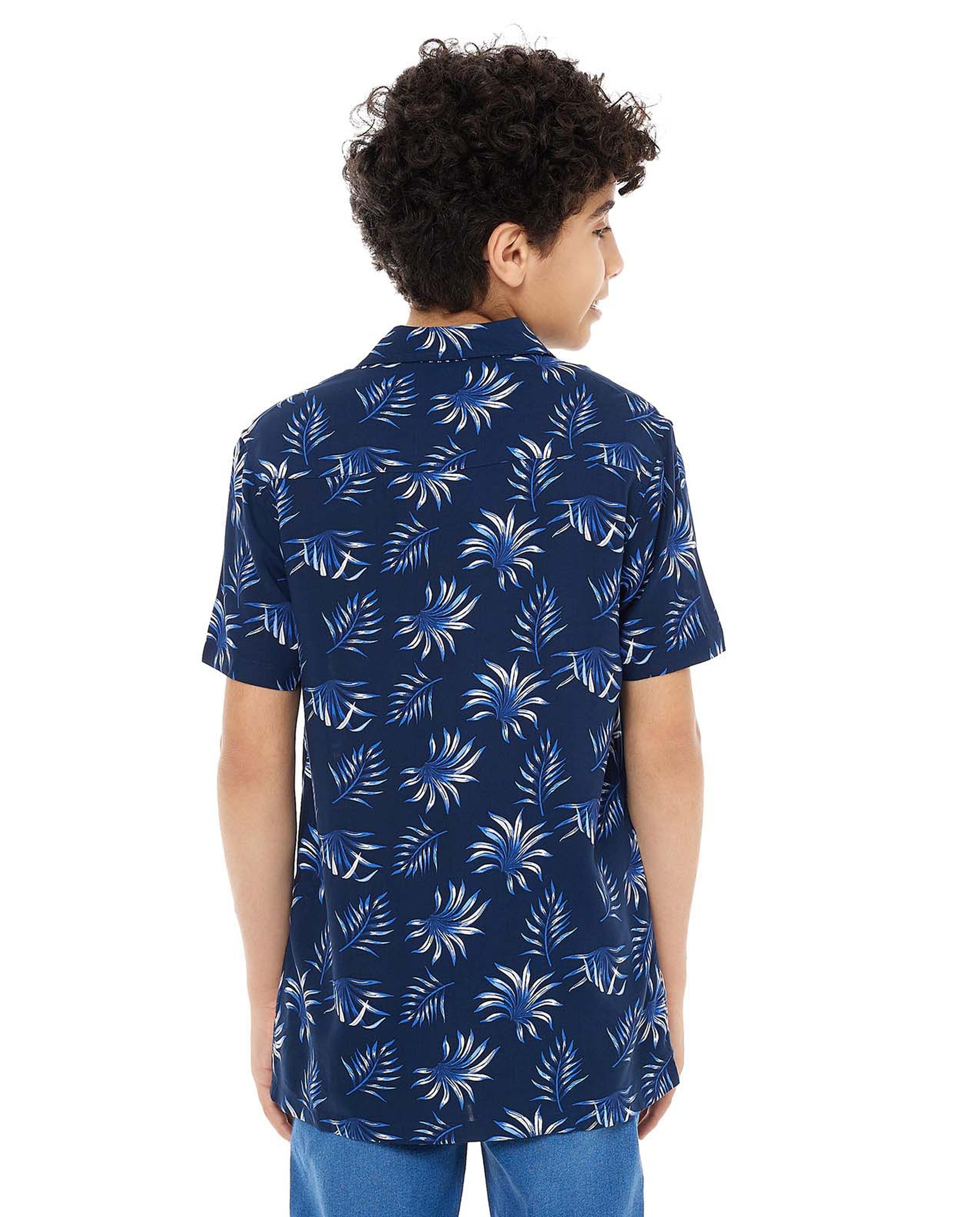 Printed Shirt with Revere Collar and Short Sleeves