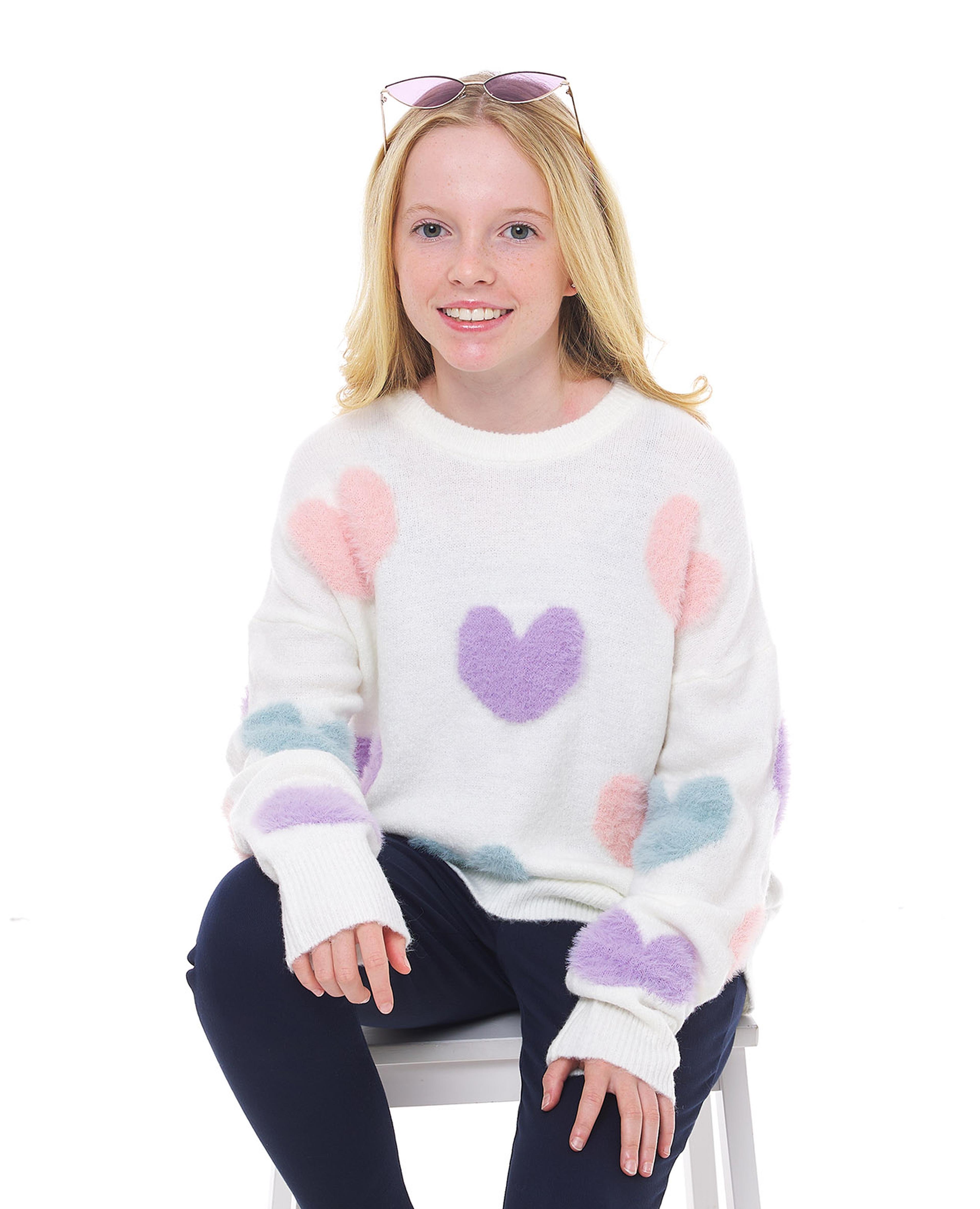 Heart Patterned Sweater with Crew Neck and Long Sleeves