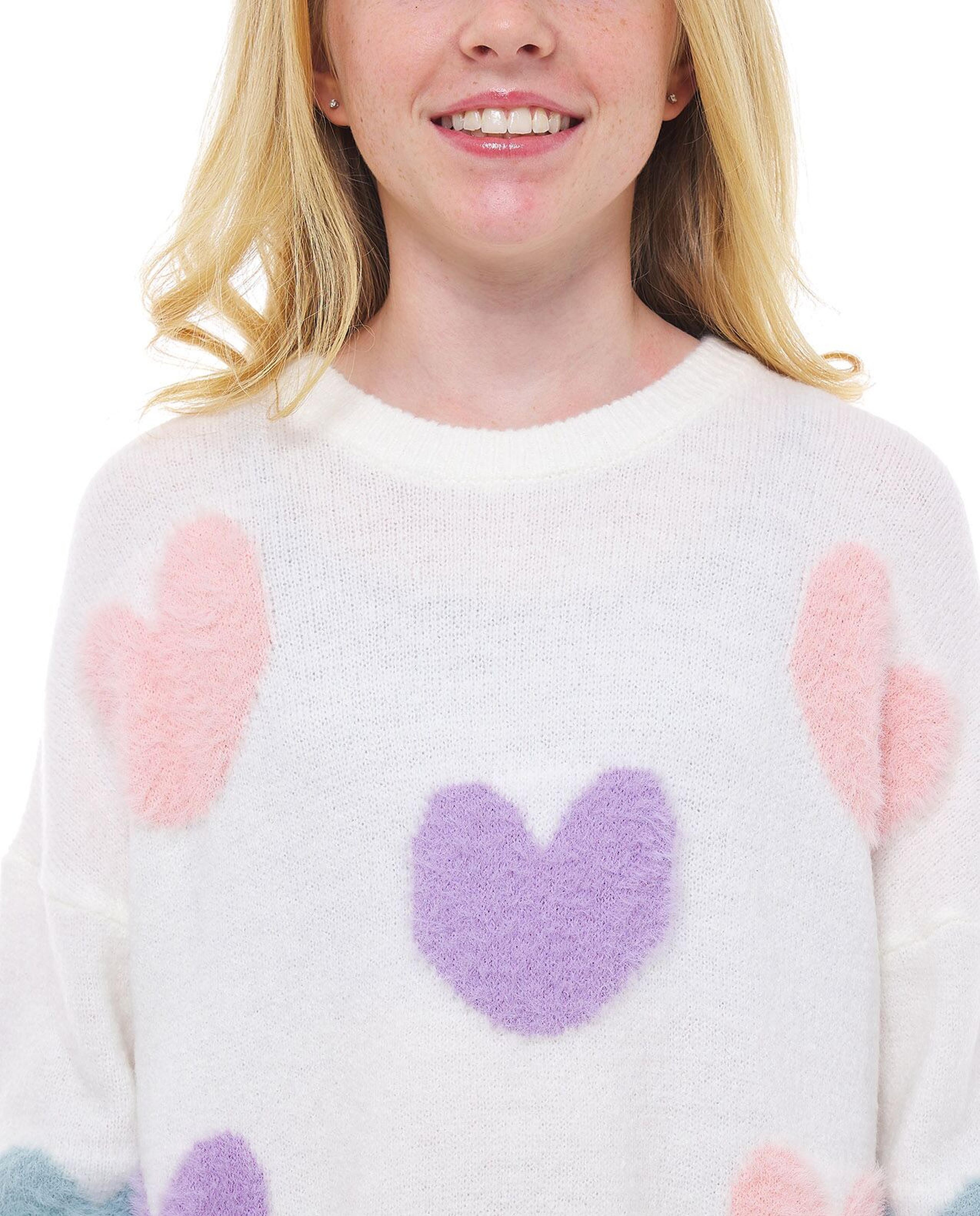 Heart Patterned Sweater with Crew Neck and Long Sleeves