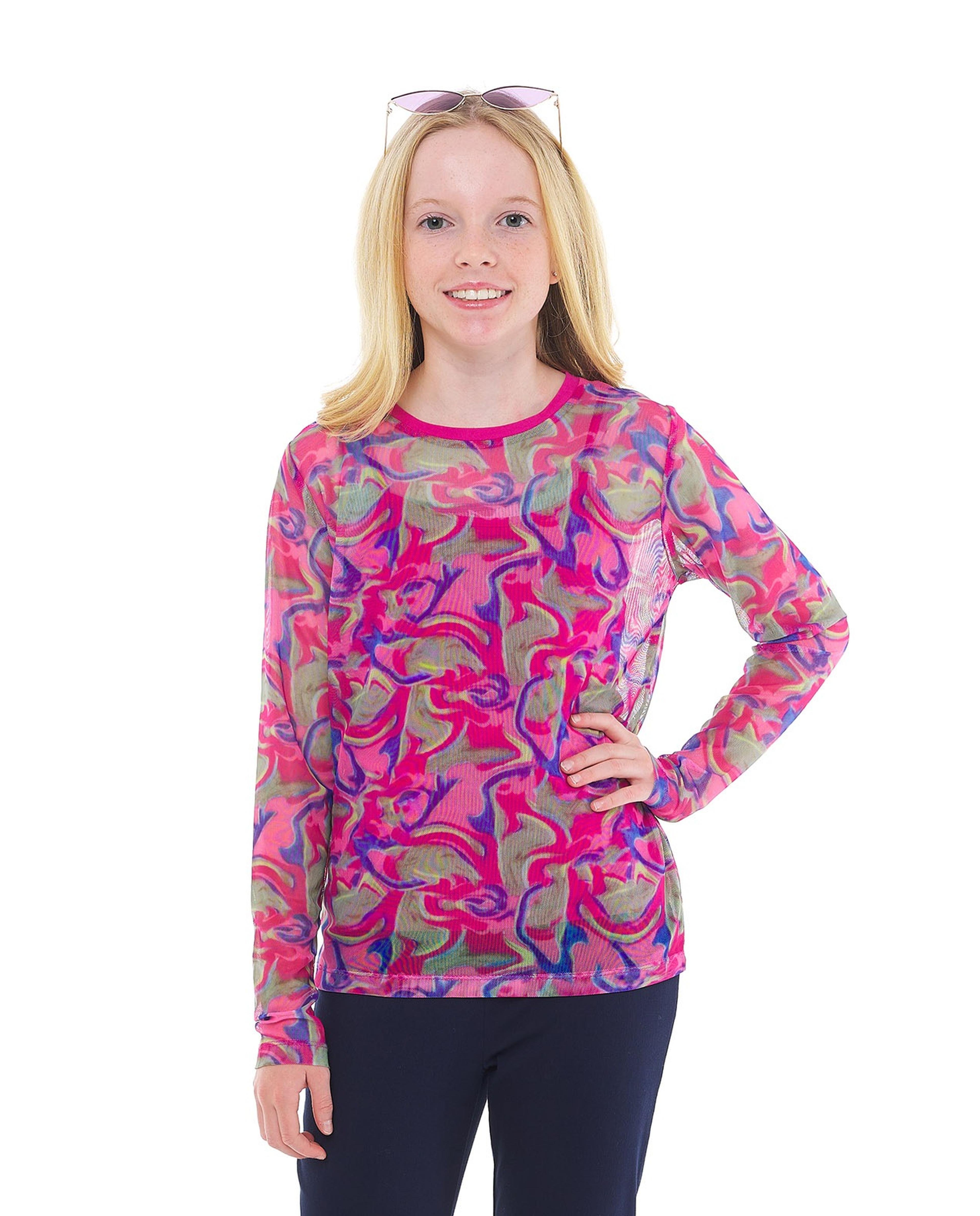 Patterned Mesh Top with Crew Neck and Long Sleeves