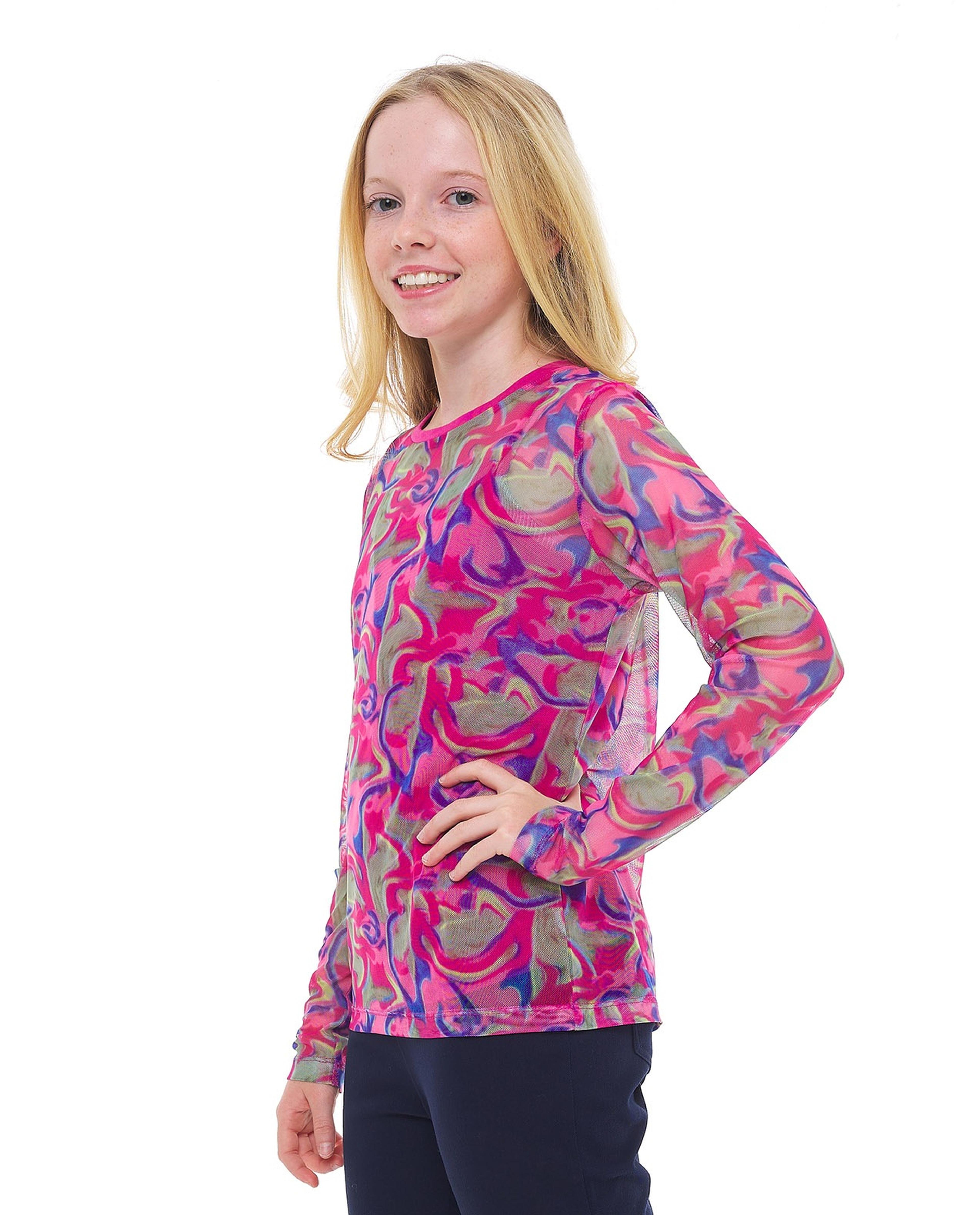 Patterned Mesh Top with Crew Neck and Long Sleeves