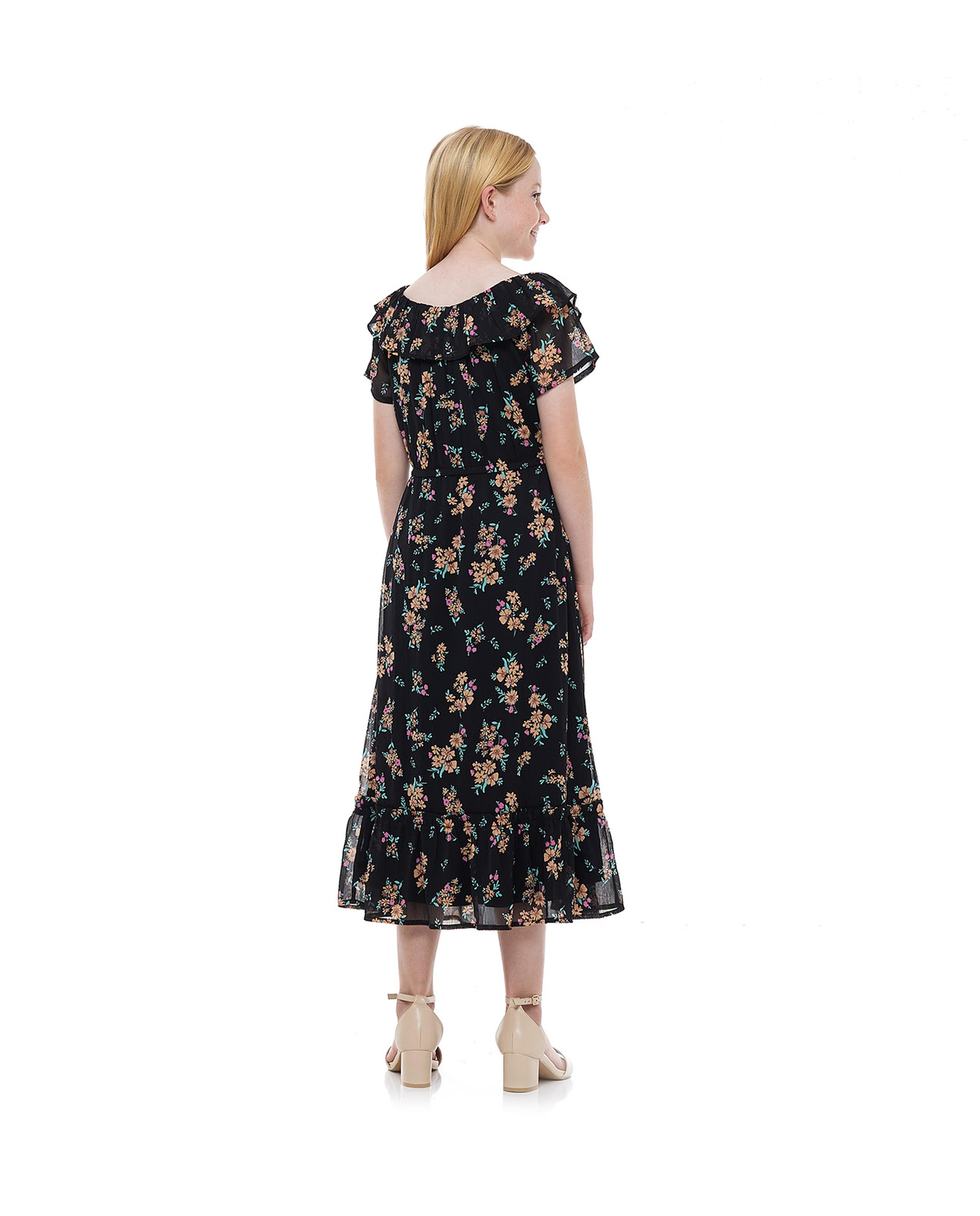 Floral Print Midi Dress with Round Neck and Short Sleeves