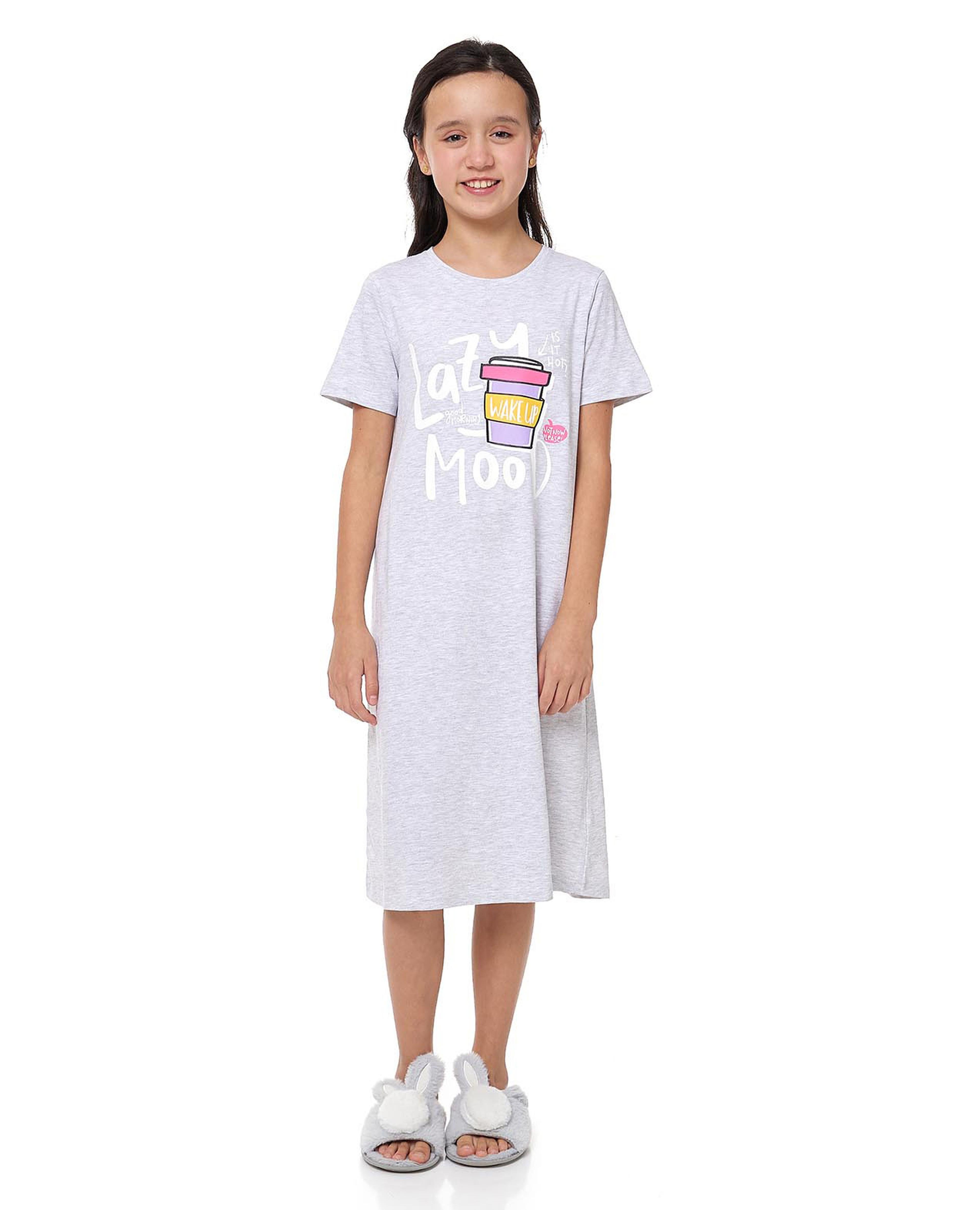 Printed Nightdress with Crew Neck and Short Sleeves
