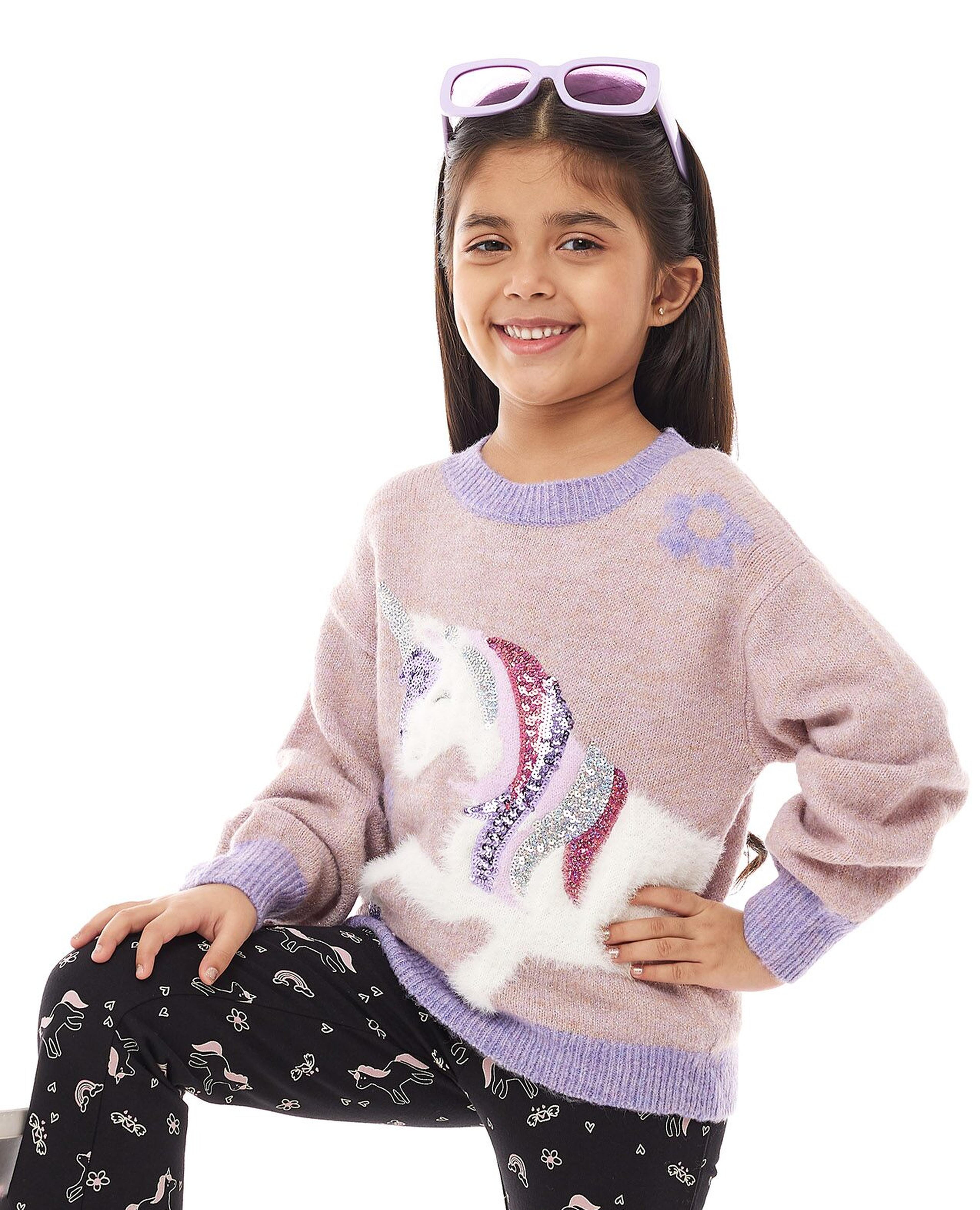 Sequined Unicorn Sweater with Crew Neck and Long Sleeves