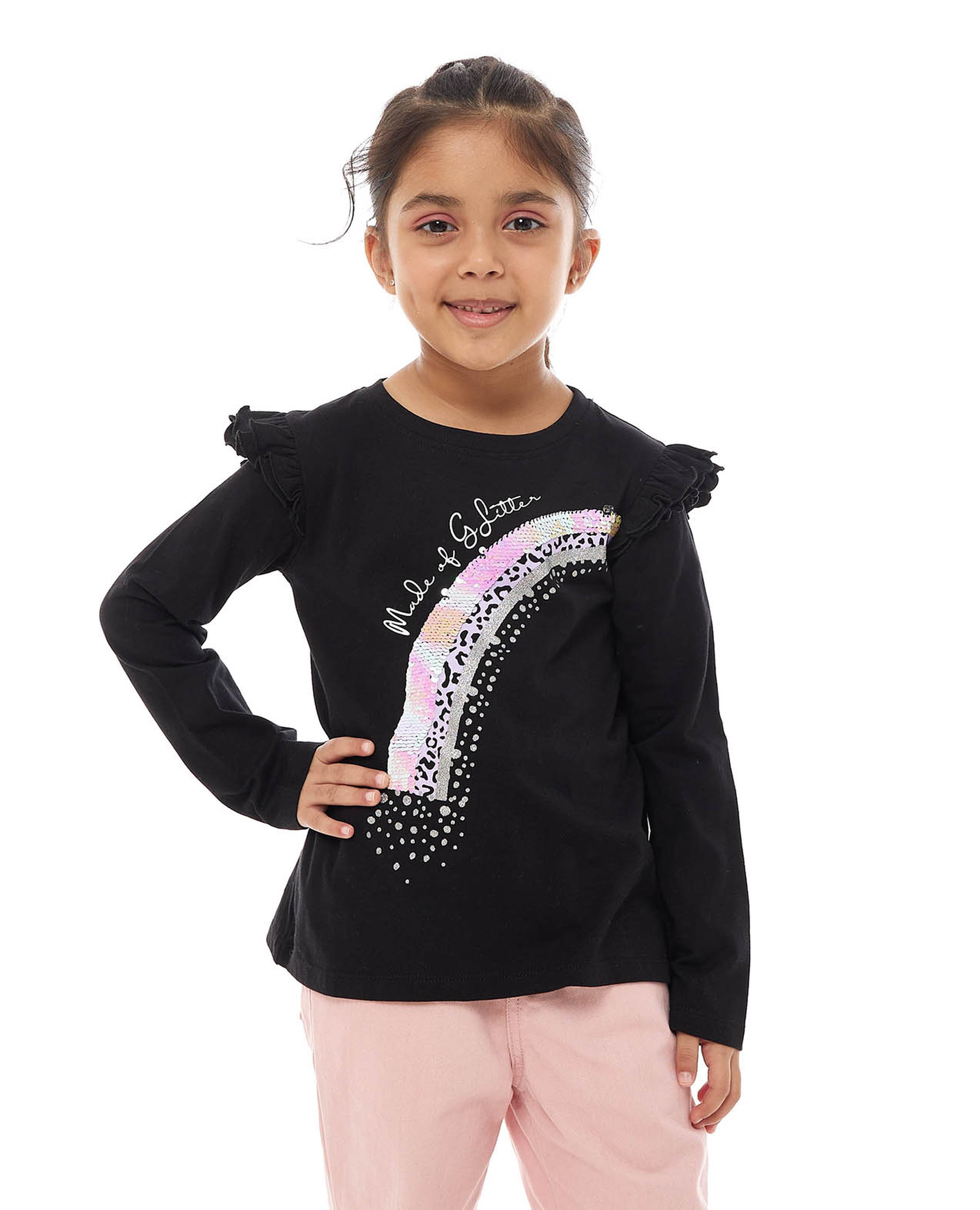 Sequined T-Shirt with Crew Neck and Long Sleeves