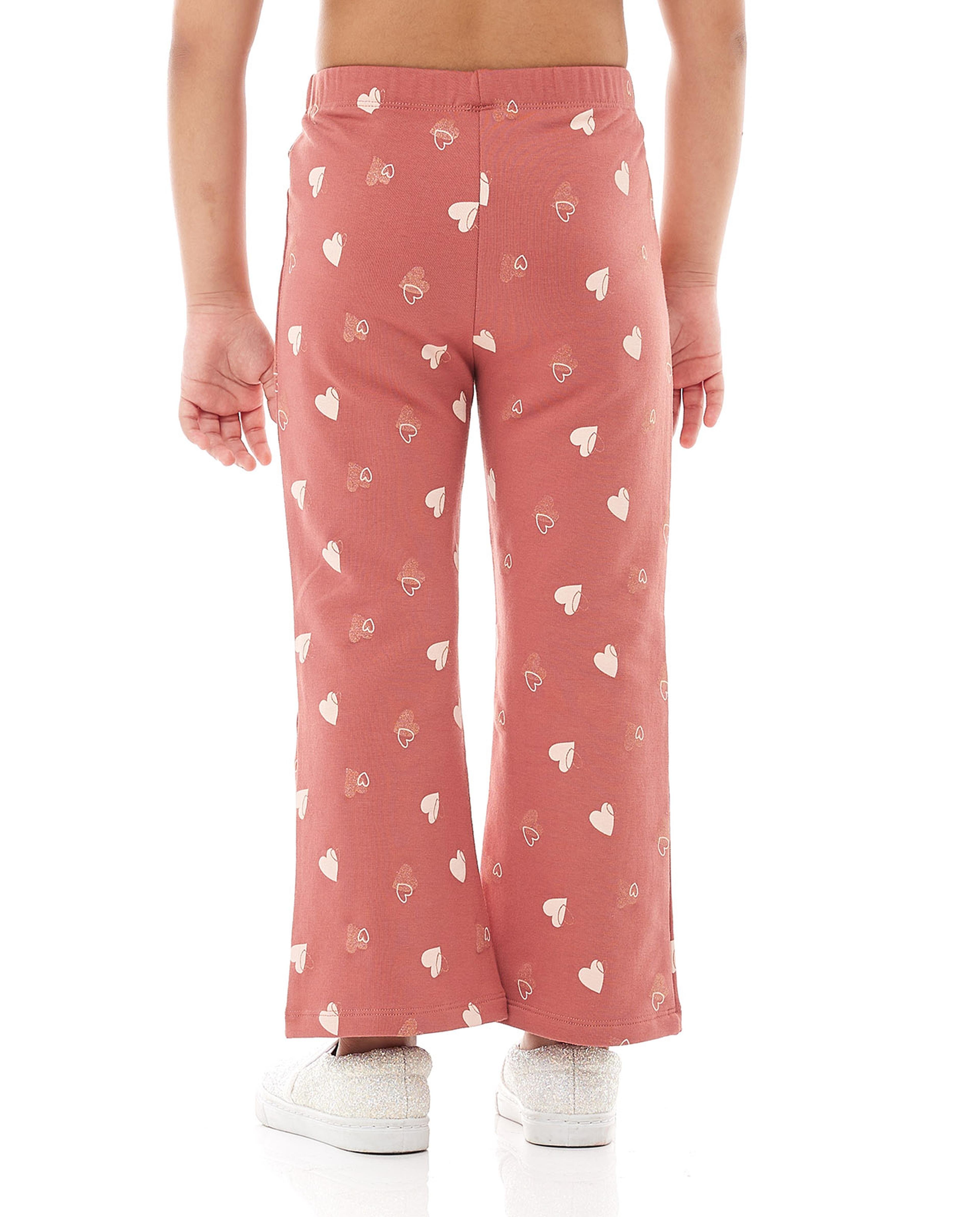 Heart Patterned Flared Knit Pants with Elastic Waist