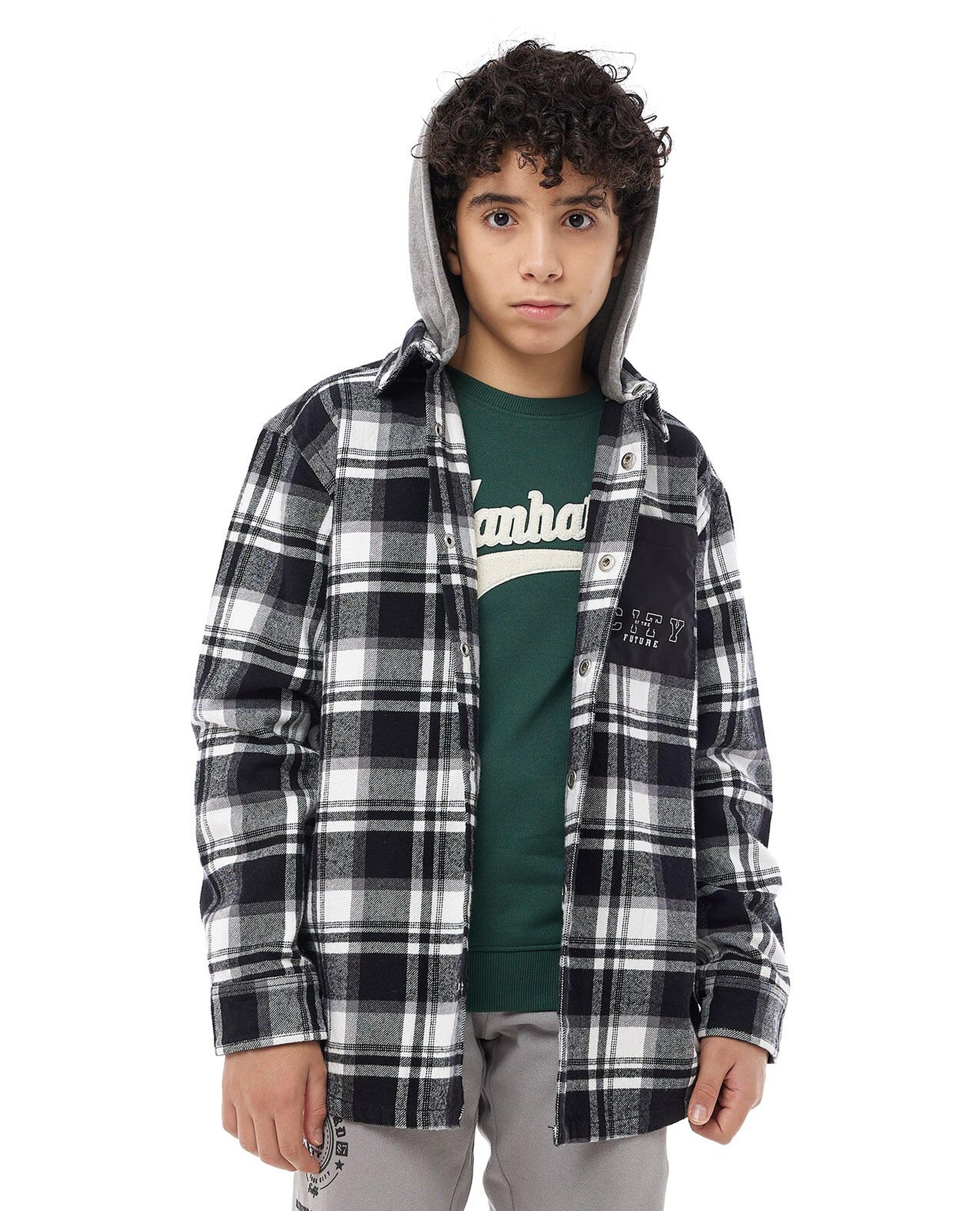 Plaid Hooded Shacket with Snap Button Closure