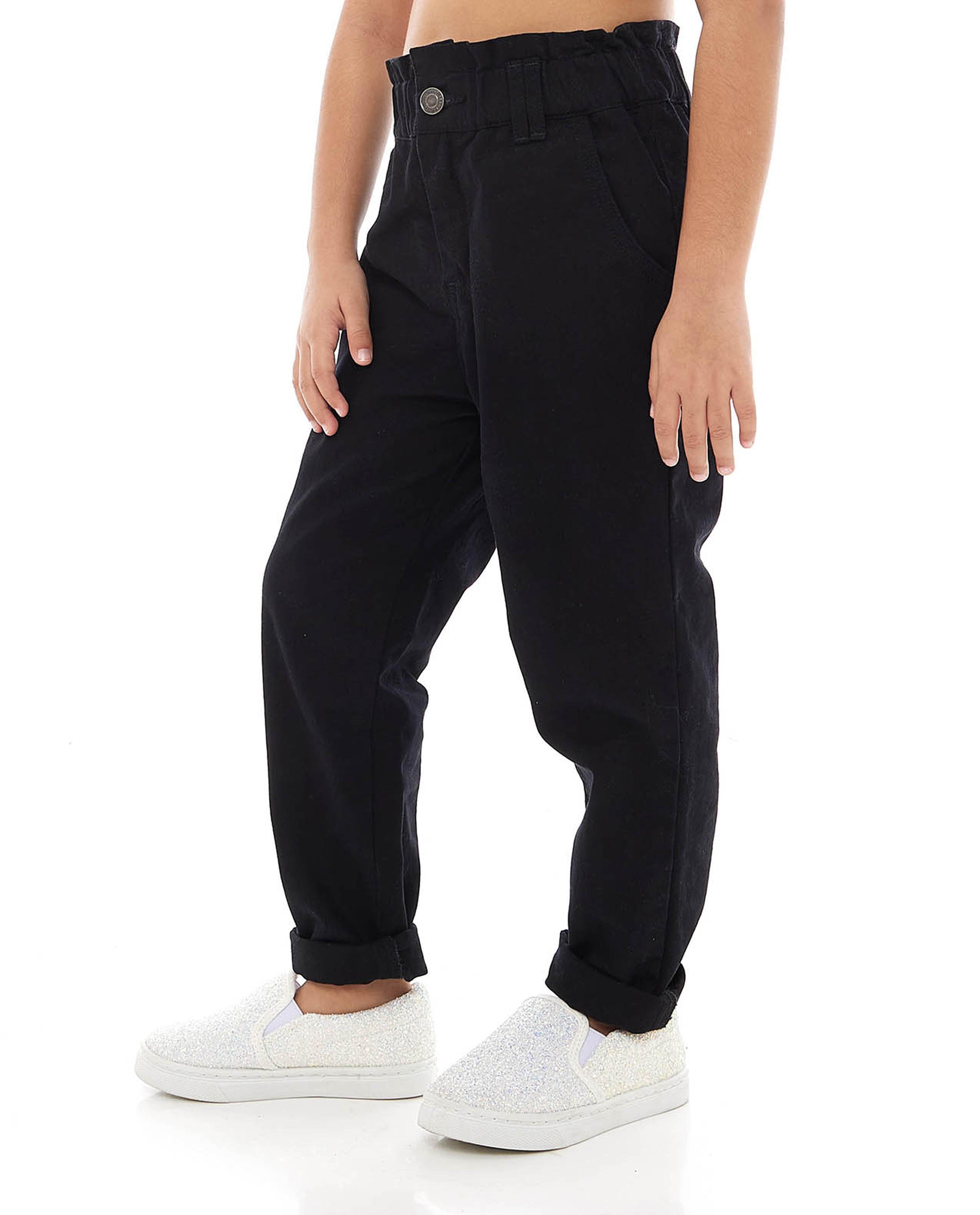 Solid Paperbag Waist Pants with Button Closure