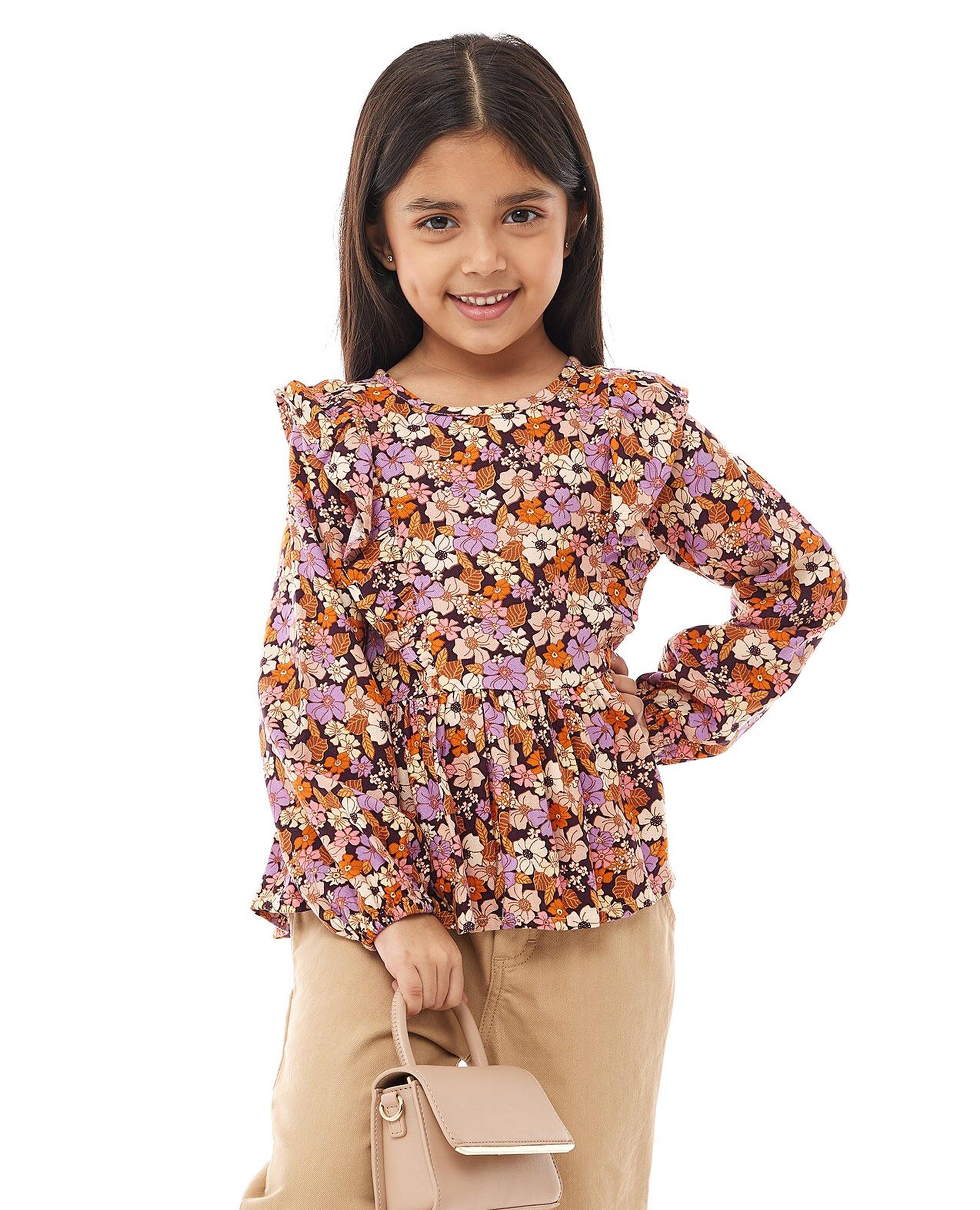 Floral Print Top with Crew Neck and Bishop Sleeves