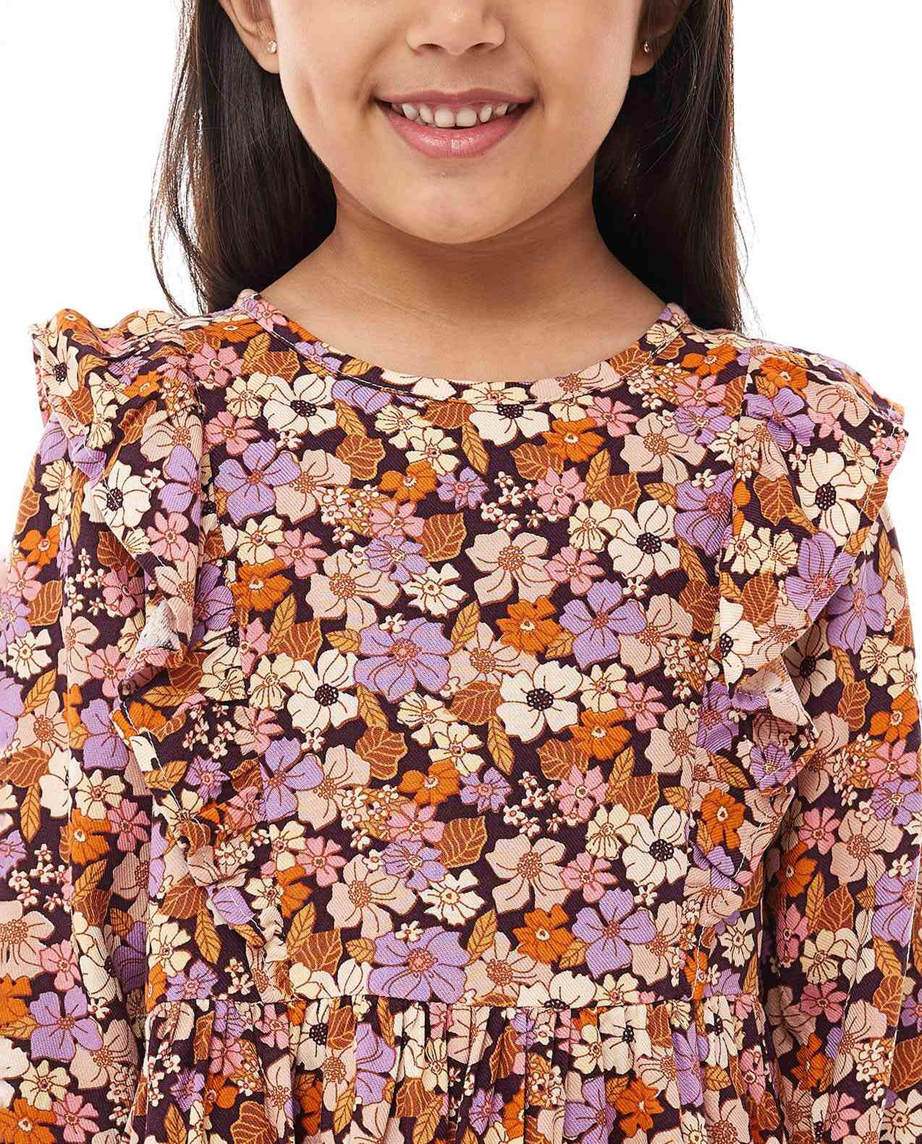 Floral Print Top with Crew Neck and Bishop Sleeves