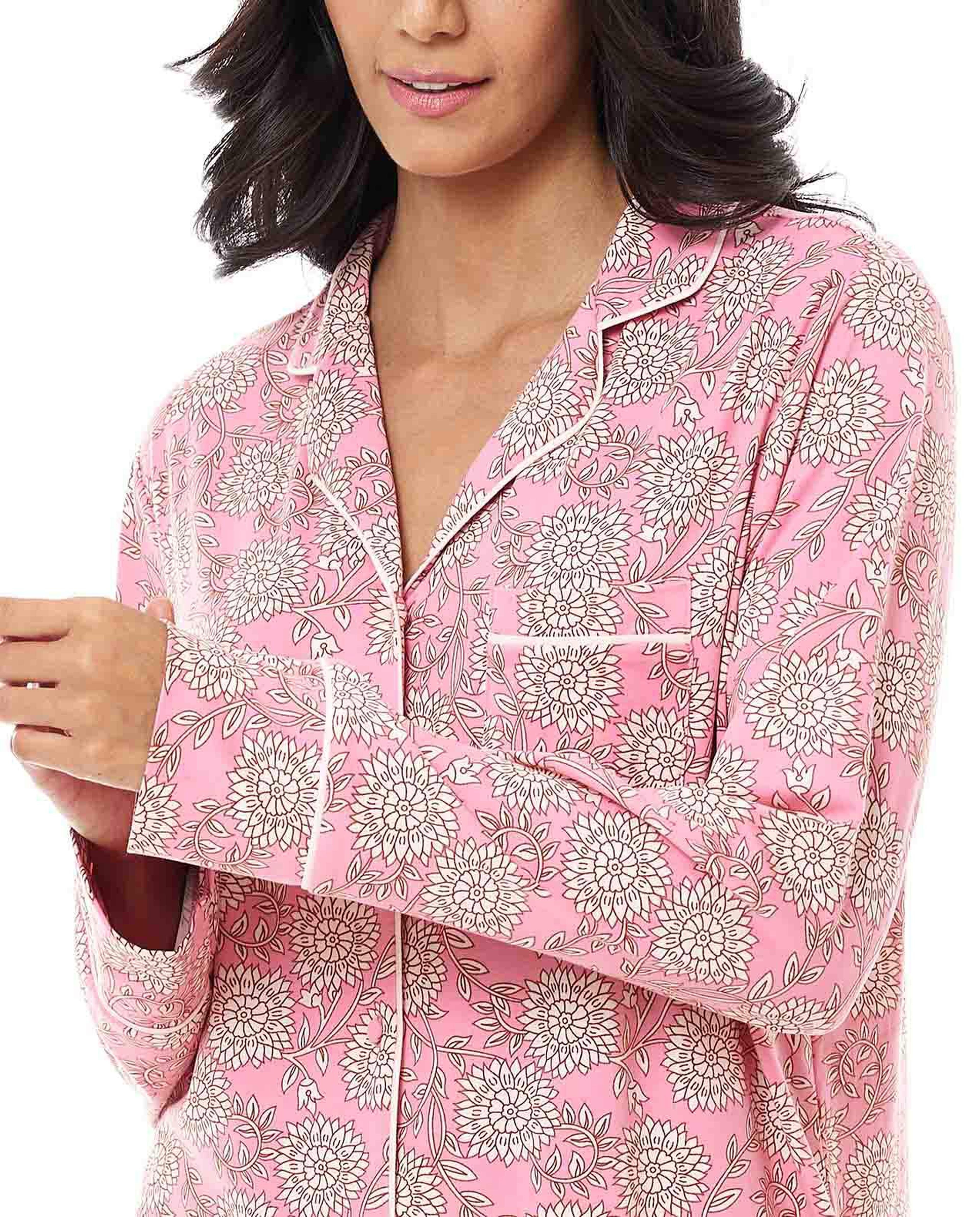 Floral Print Lapel Collar Pyjama Set