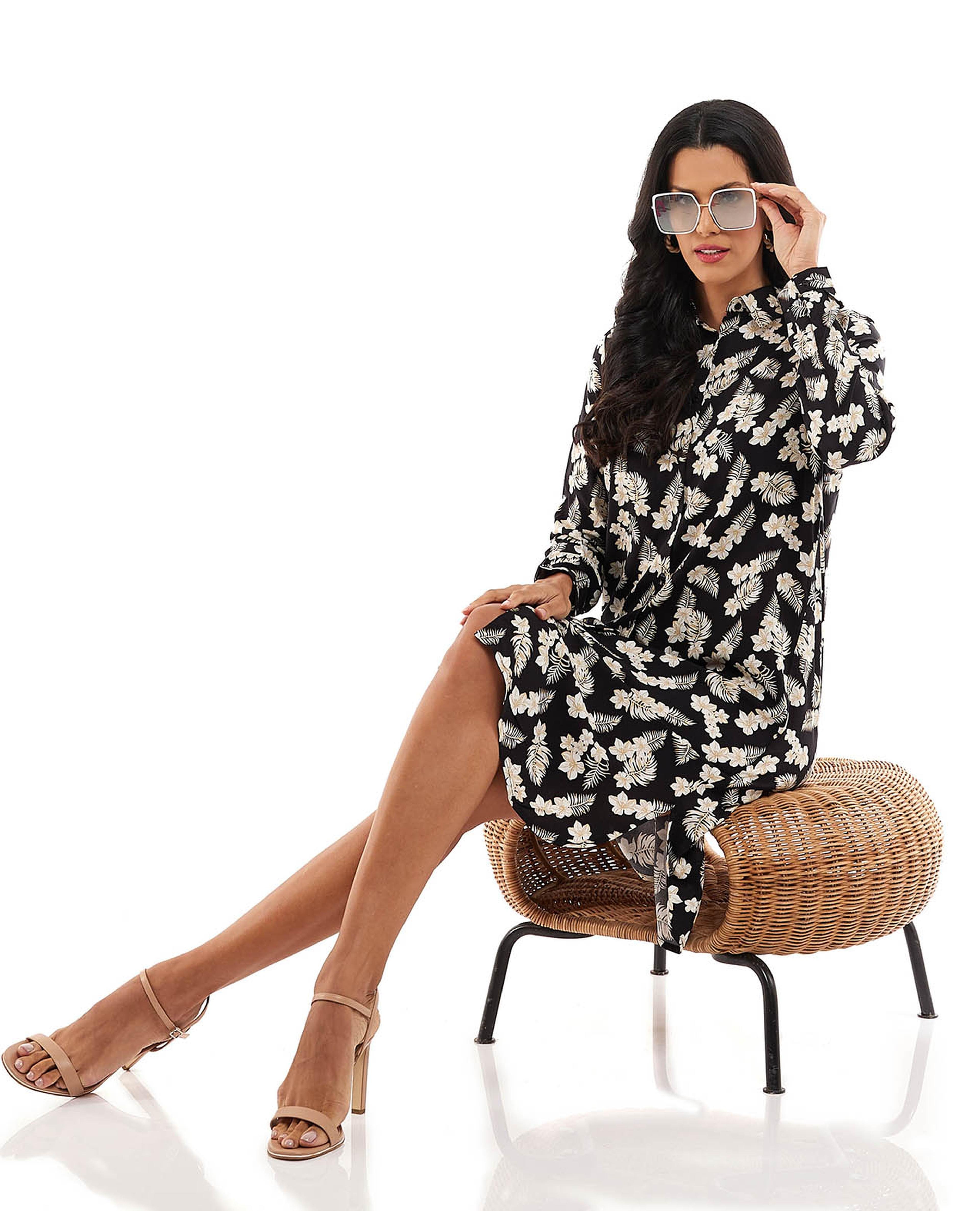 All Over Print Shirt Dress with Long Sleeves
