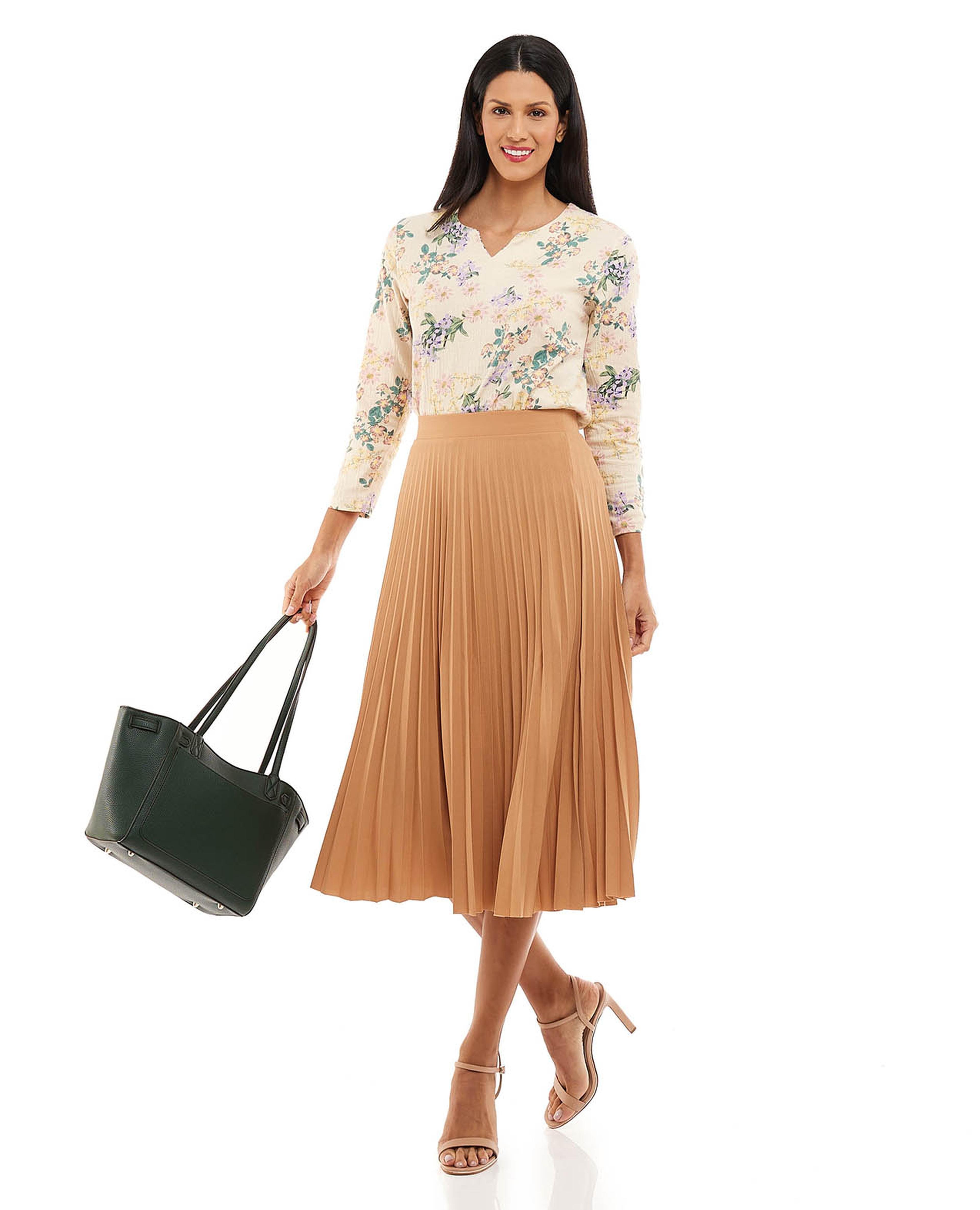 Solid Pleated Midi Skirt with Elastic Waist
