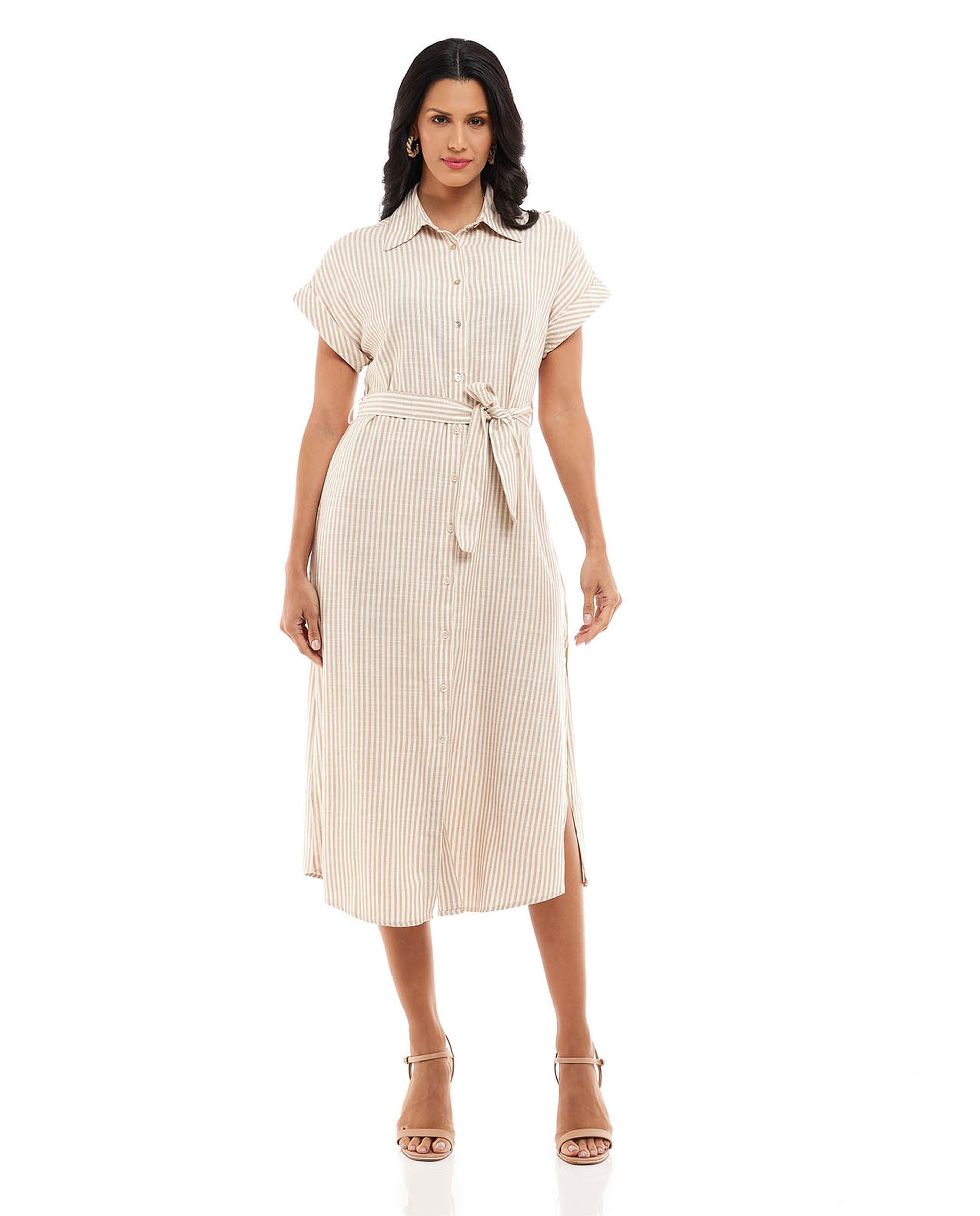 Striped Shirt Dress with Short Sleeves and Waist Belt