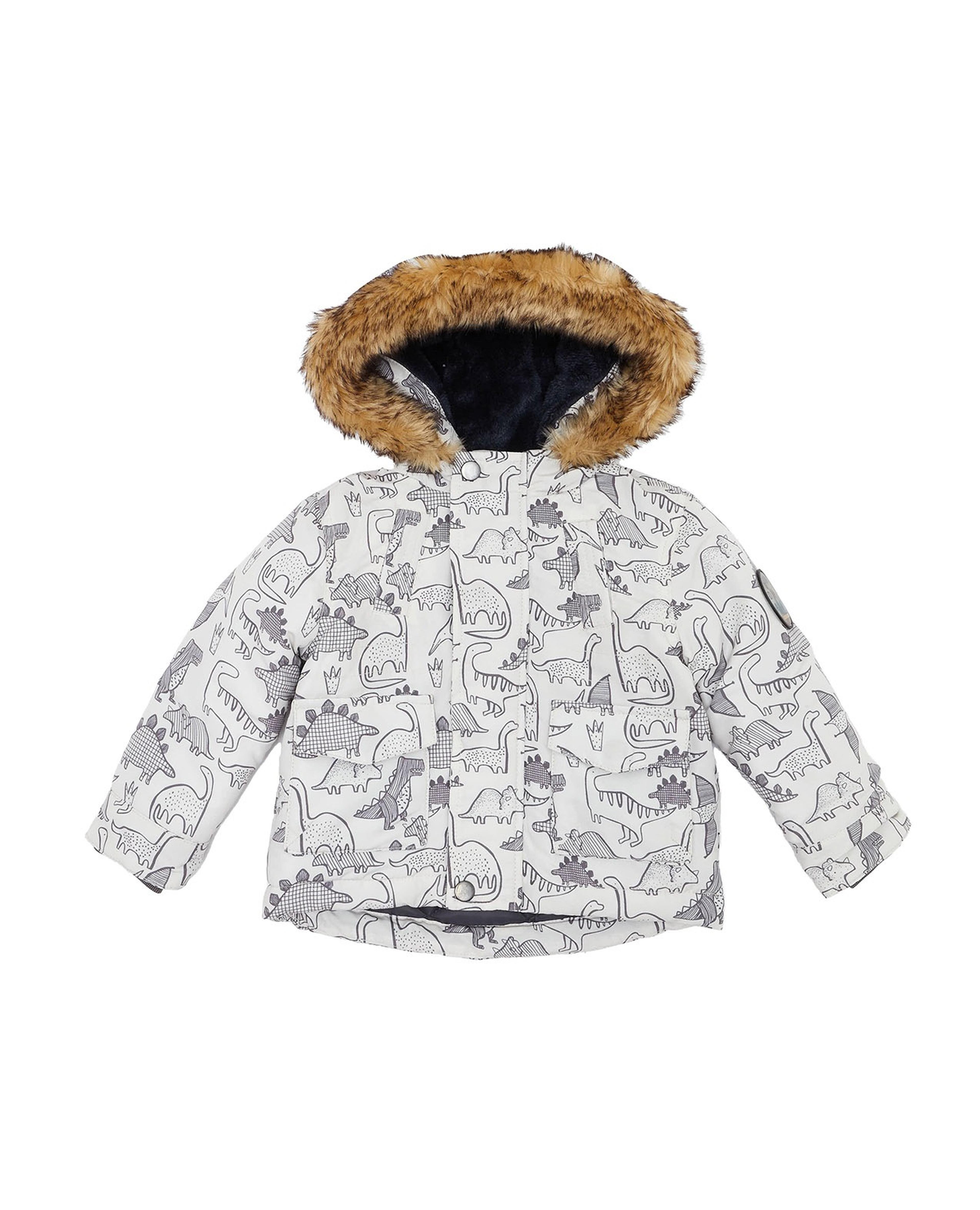 Dino Print Hooded Jacket with Zipper Closure