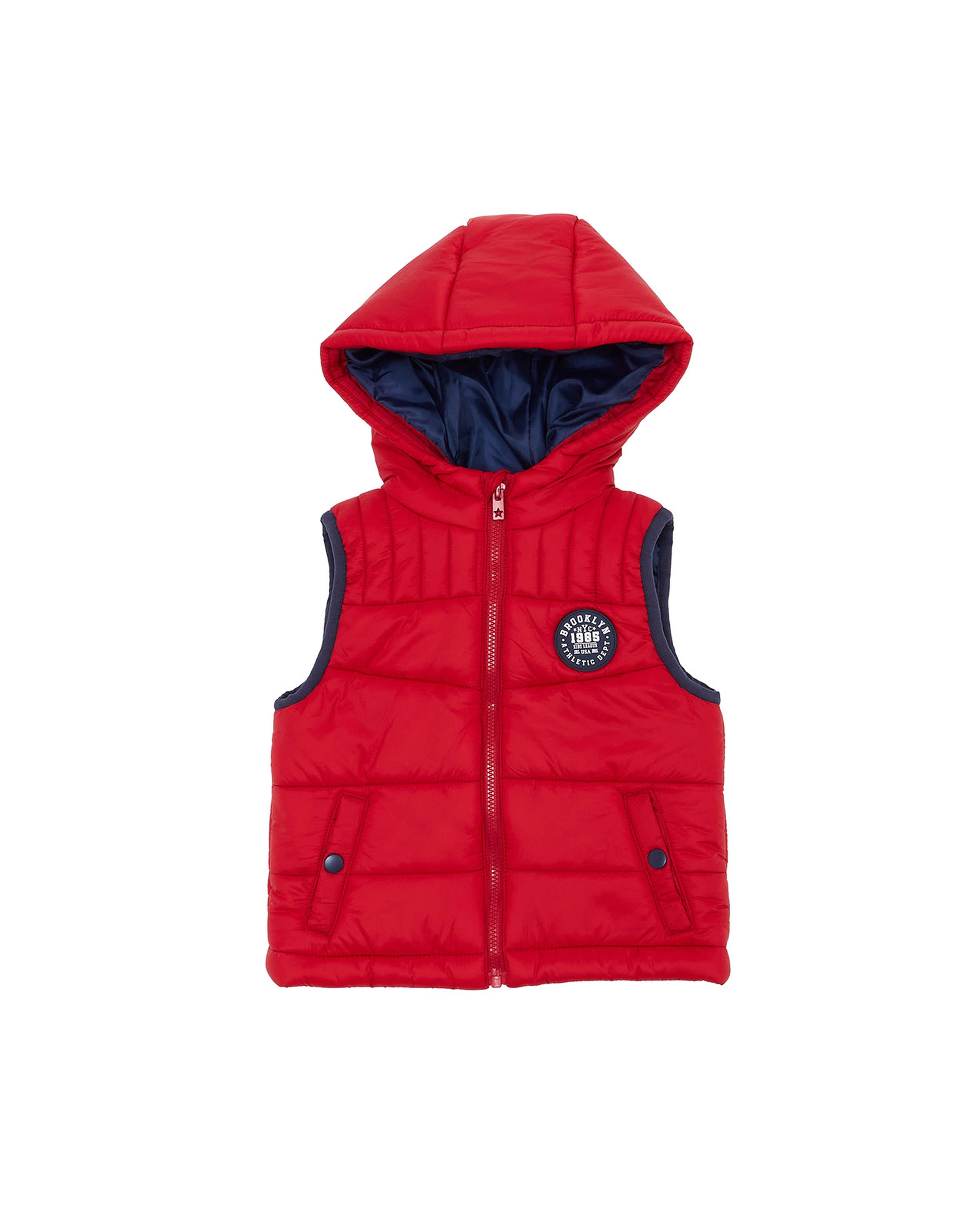 Badge Detail Hooded Gilet with Zipper Closure