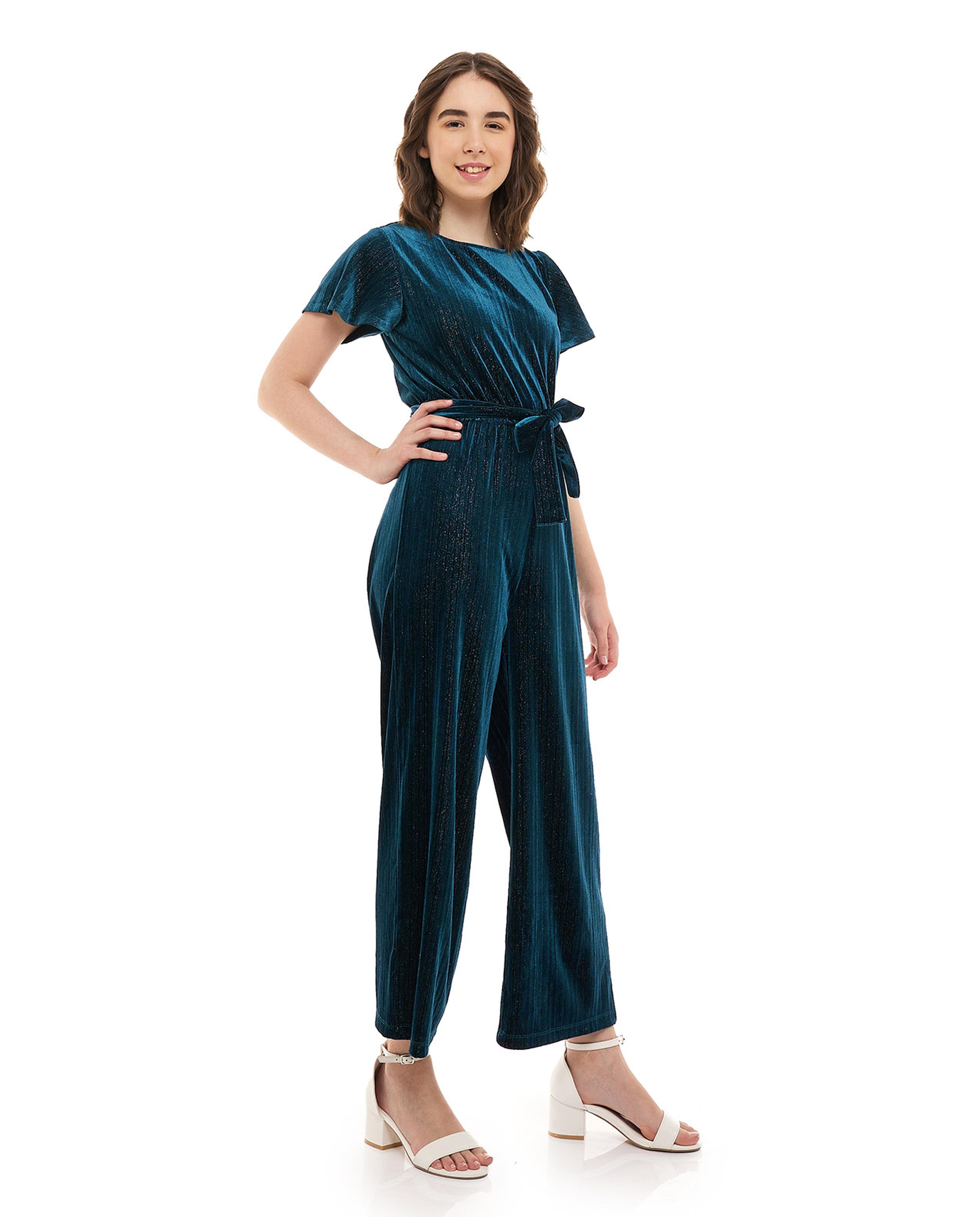Shop Shimmer Velvet Jumpsuit with Flutter Sleeves Online