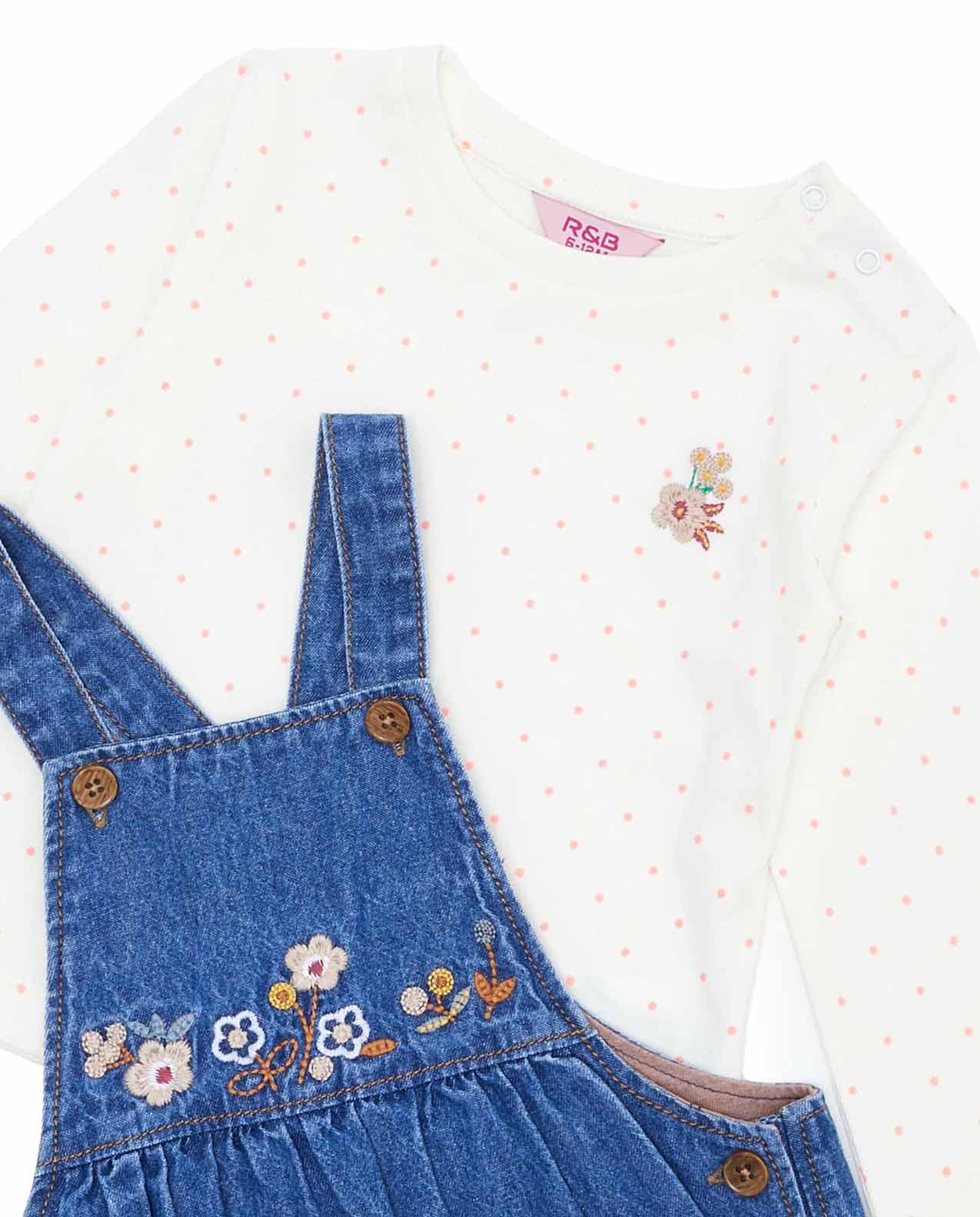Polka Dots Top and Embroidered Denim Overalls