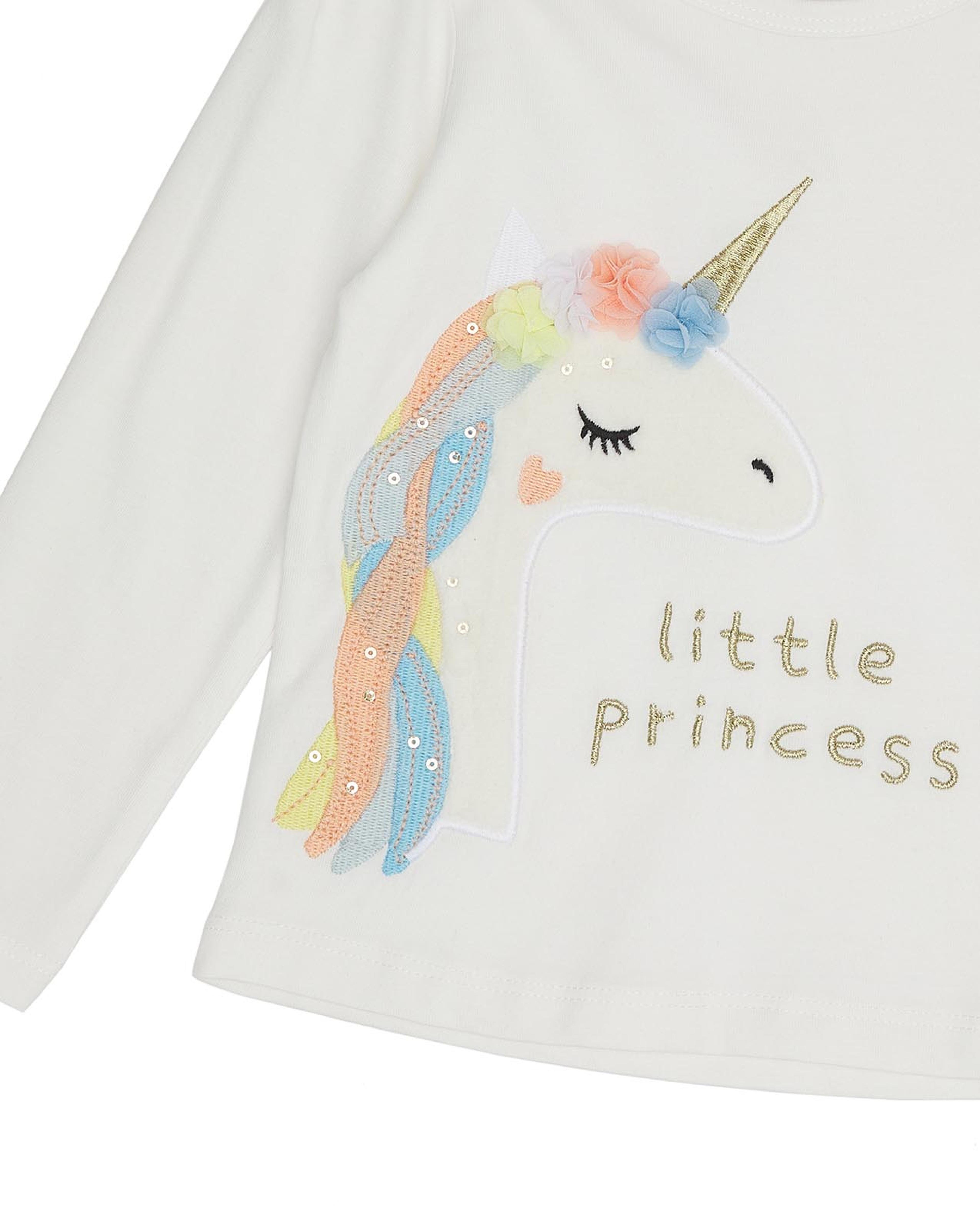 Unicorn Sequined T-Shirt with Crew Neck and Long Sleeves