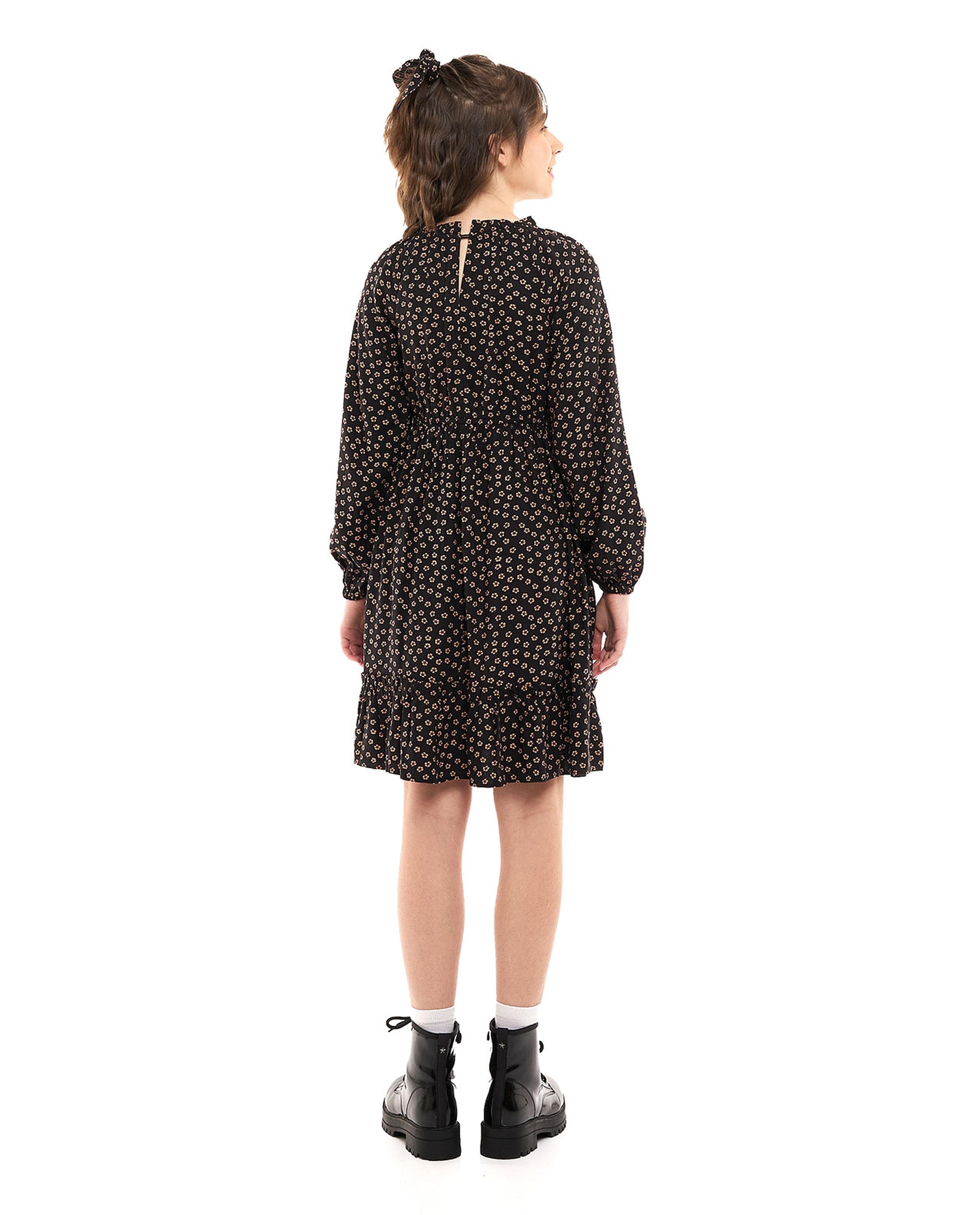 Patterned Dress with Crew Neck and Bishop Sleeves
