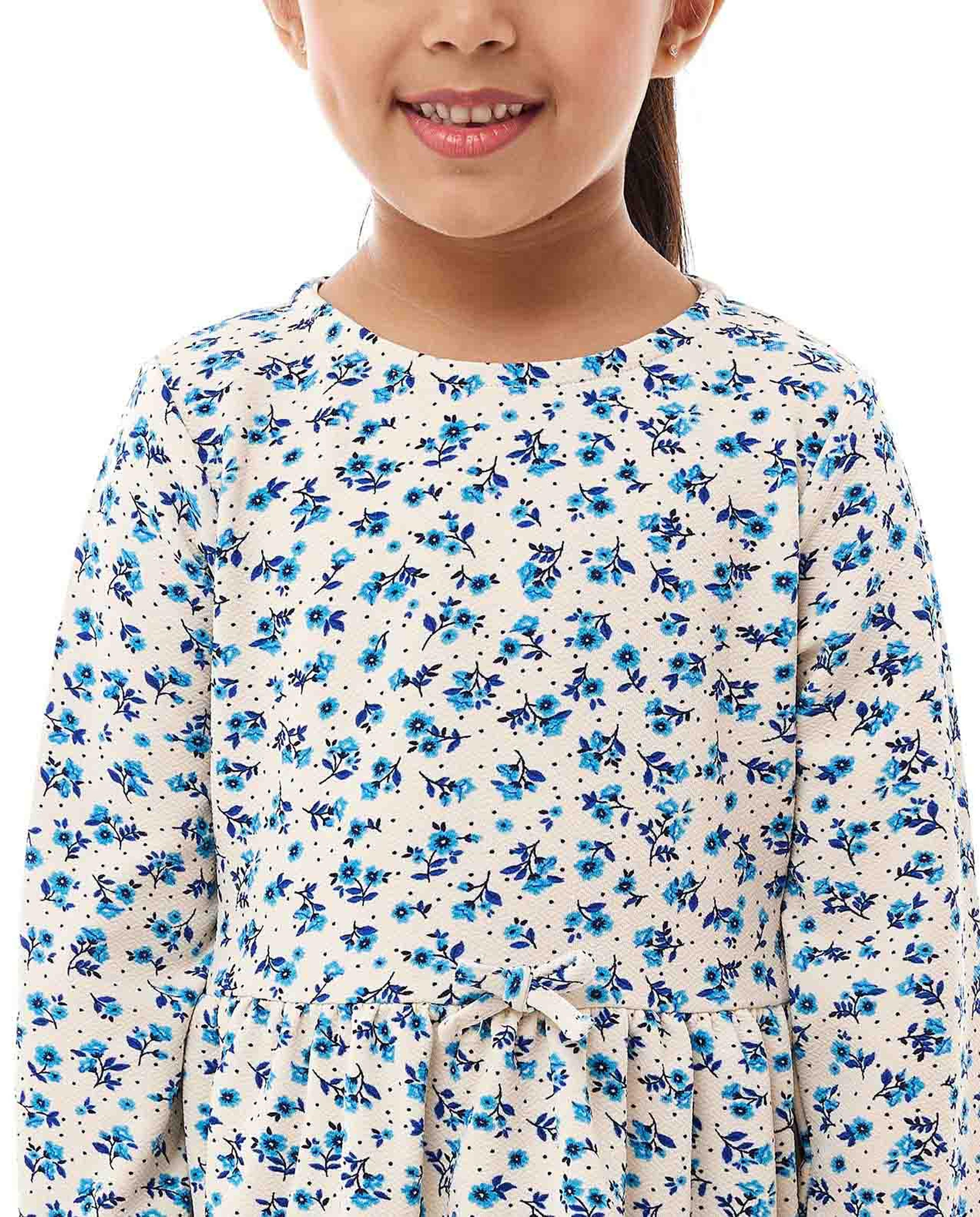 Floral Print Knit Dress with Crew Neck and Long Sleeves