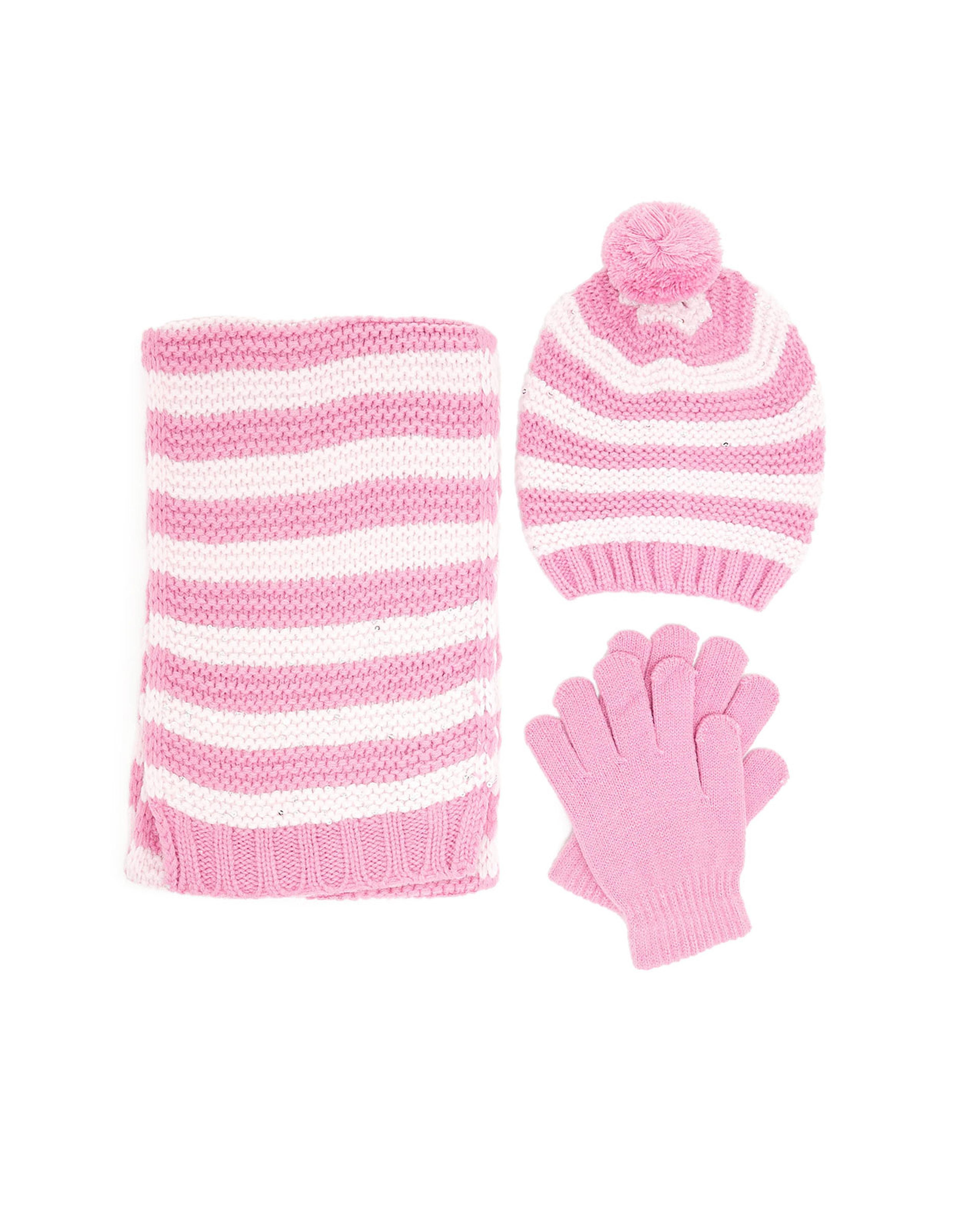 Patterned Knitted Cap, Gloves and Muffler Set