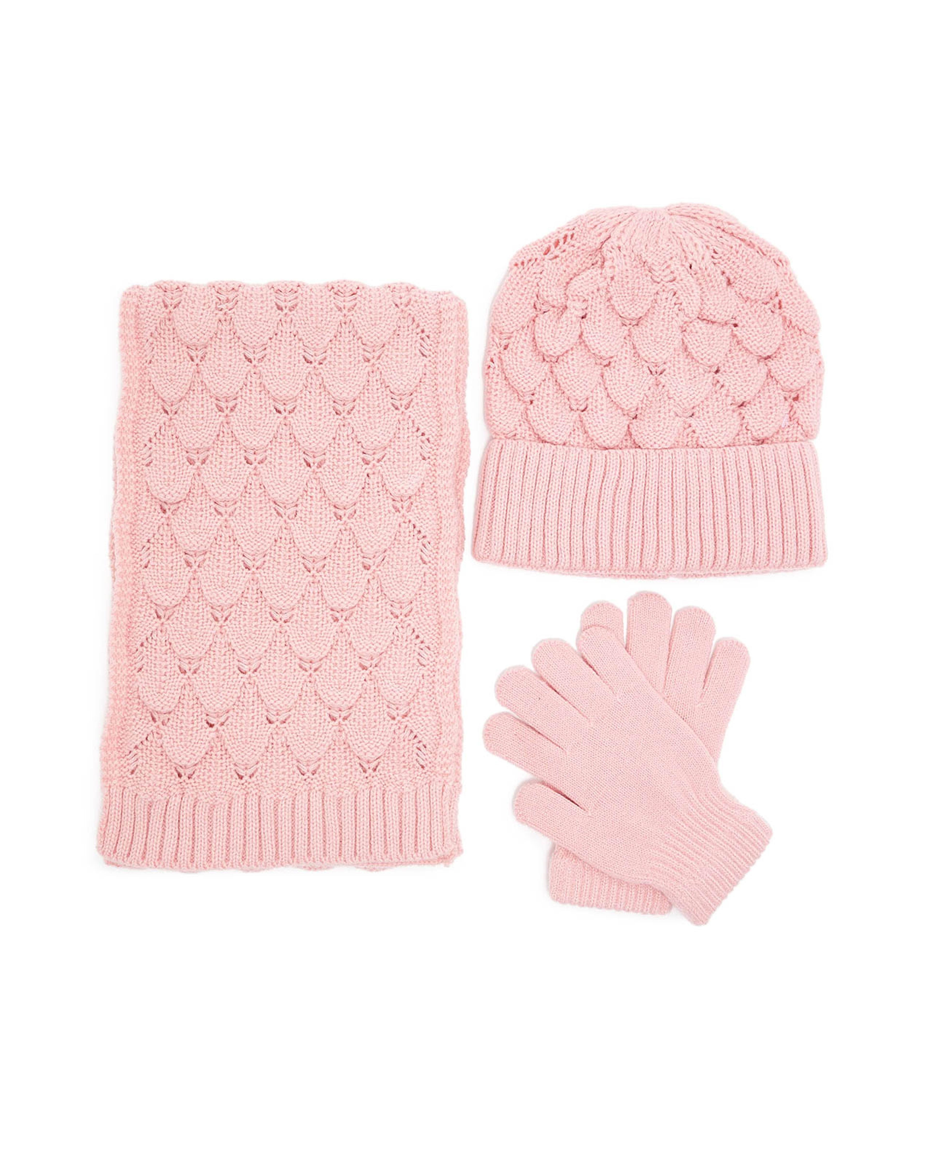 Feather Lace Knit Cap, Gloves and Muffler Set