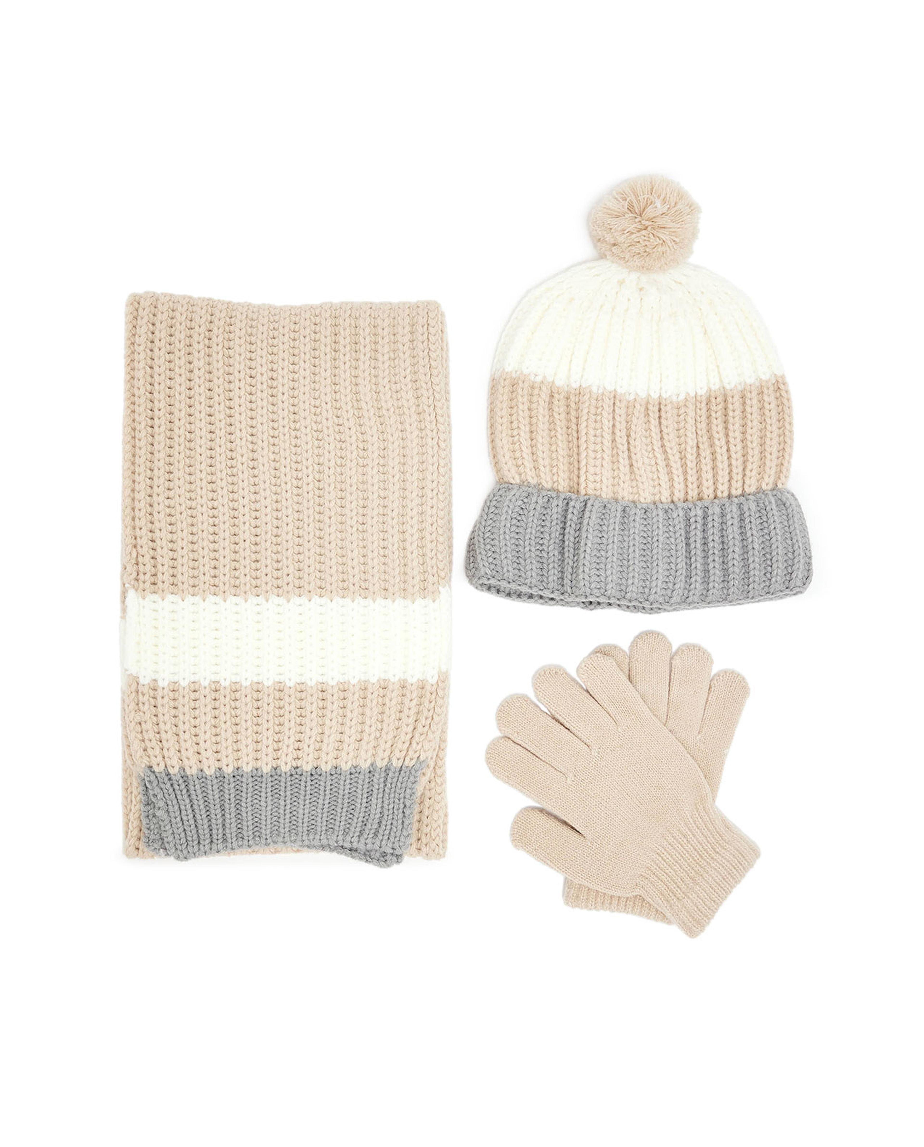 Color Block Knitted Cap, Gloves and Muffler Set