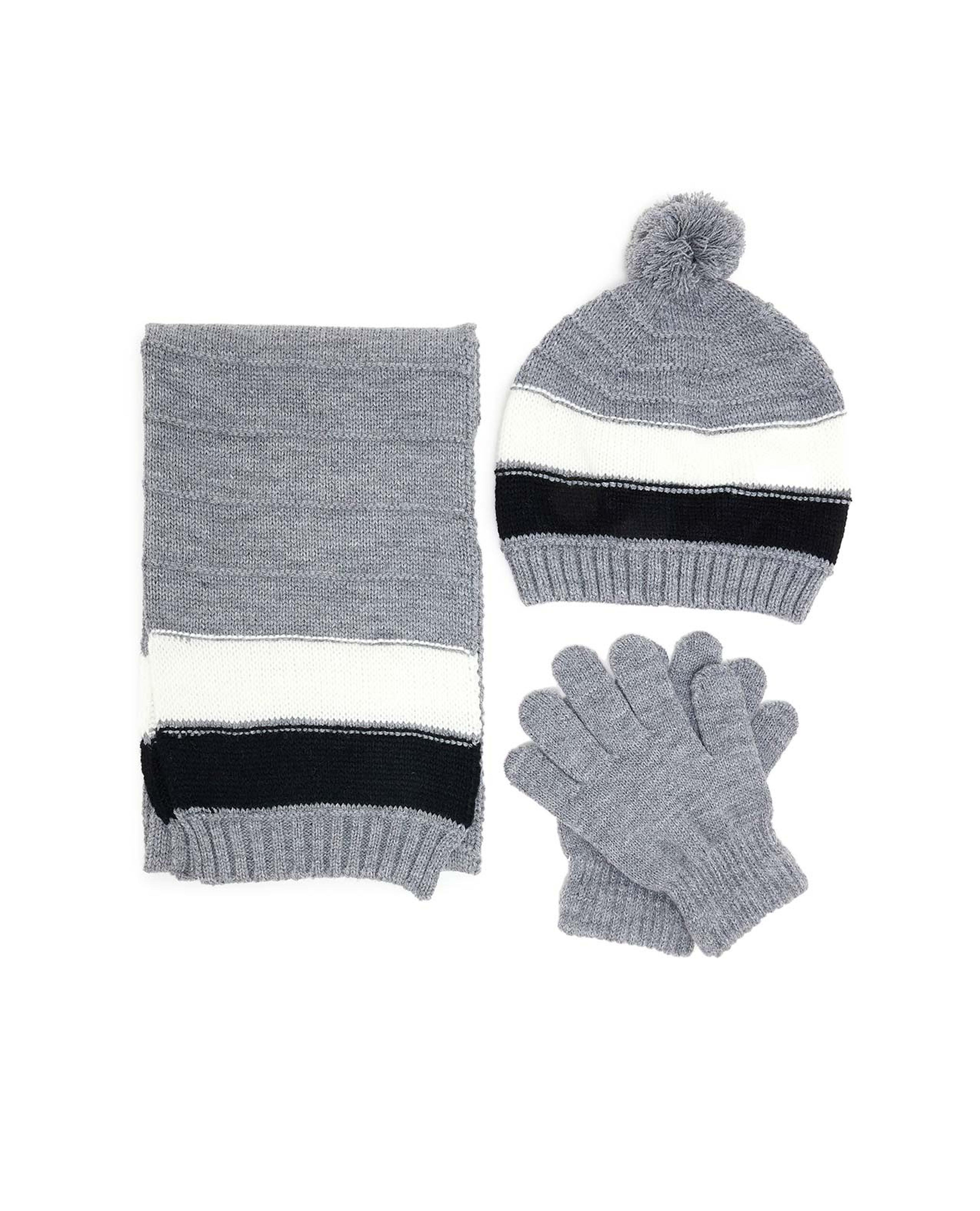 Color Block Knitted Cap, Gloves and Muffler Set