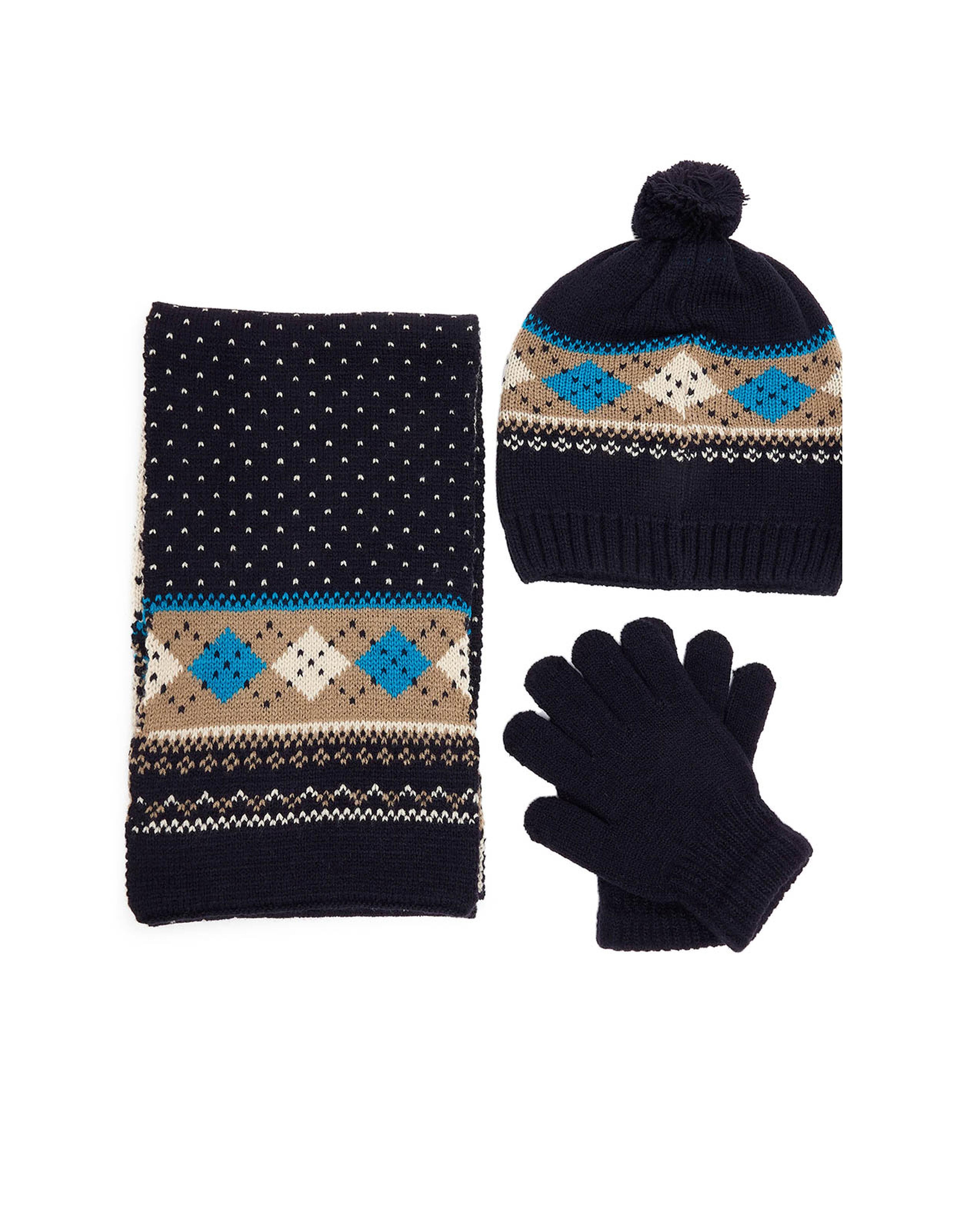 Patterned Knitted Cap, Gloves and Muffler Set