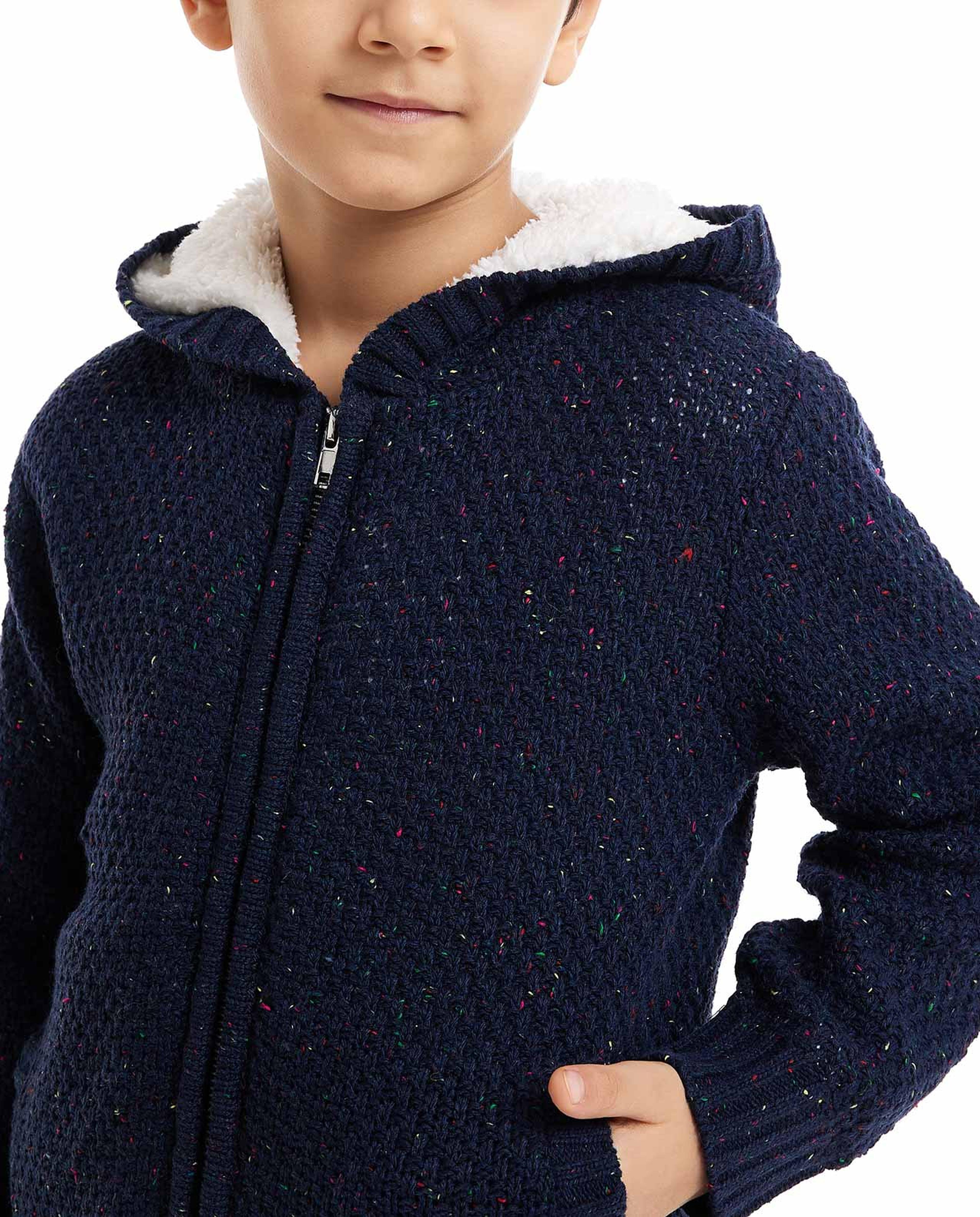 Knitted Hooded Cardigan with Zipper Closure