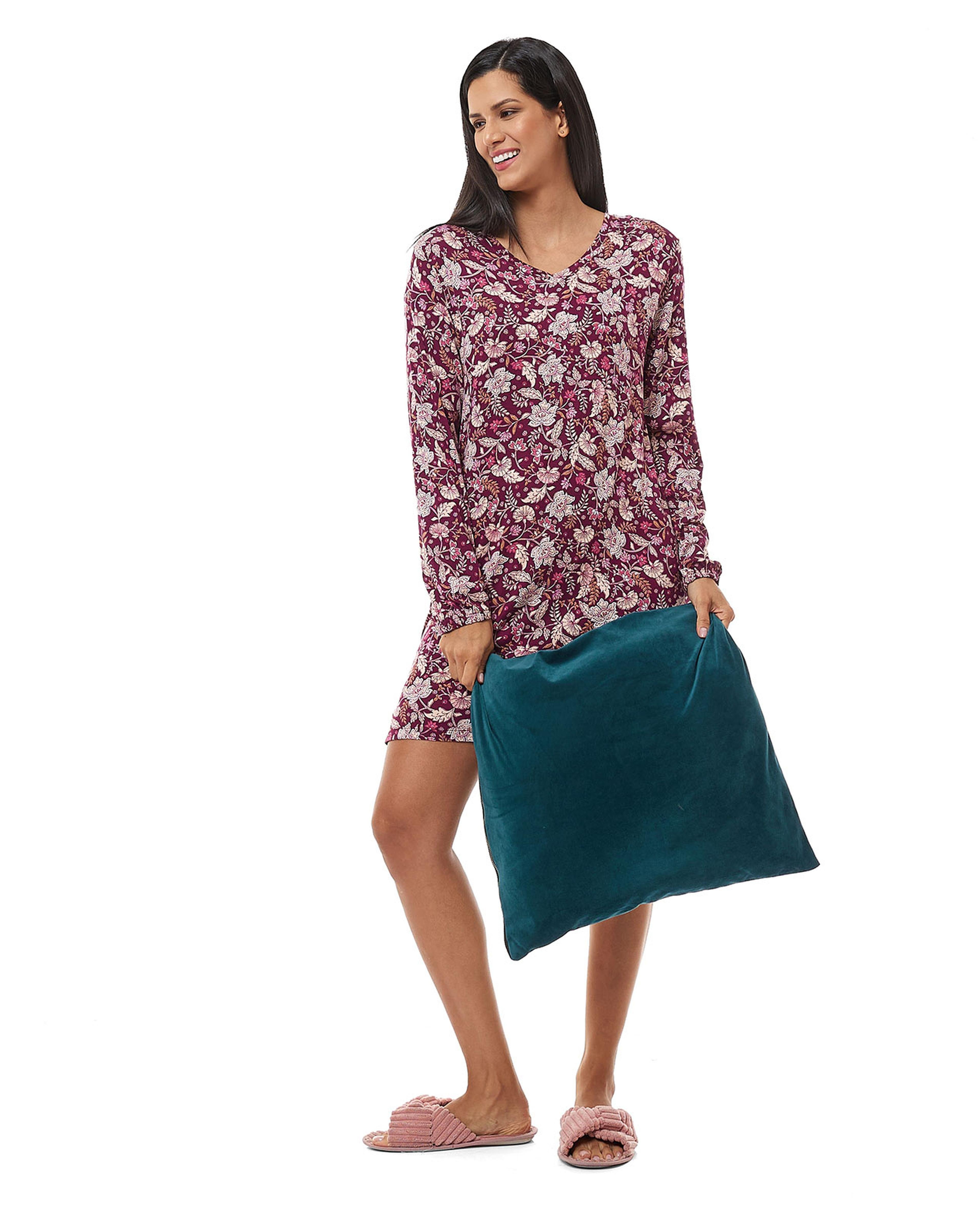 Floral Print Nightdress with Long Sleeves