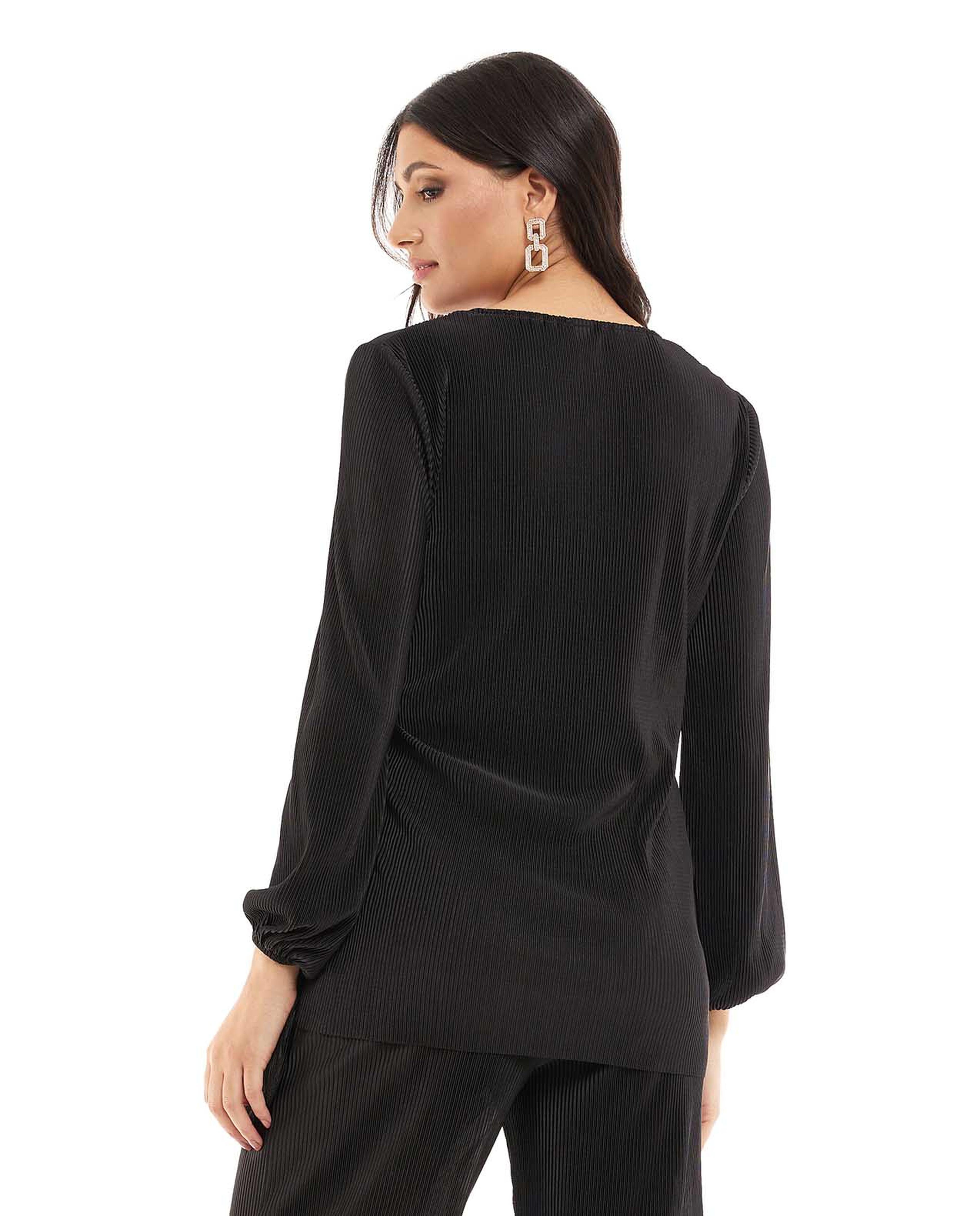 Pleated Wrap Top with Long Sleeves