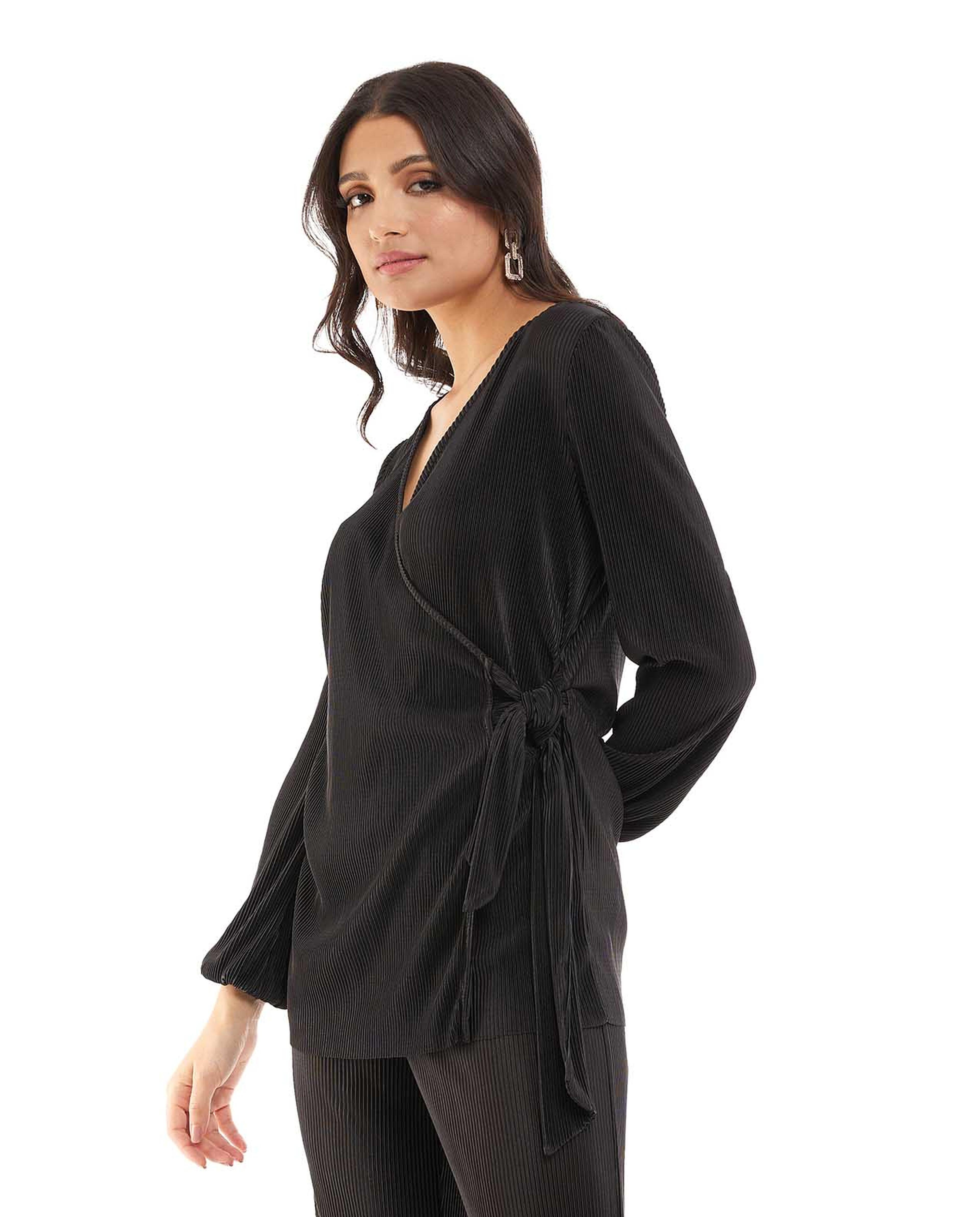 Pleated Wrap Top with Long Sleeves