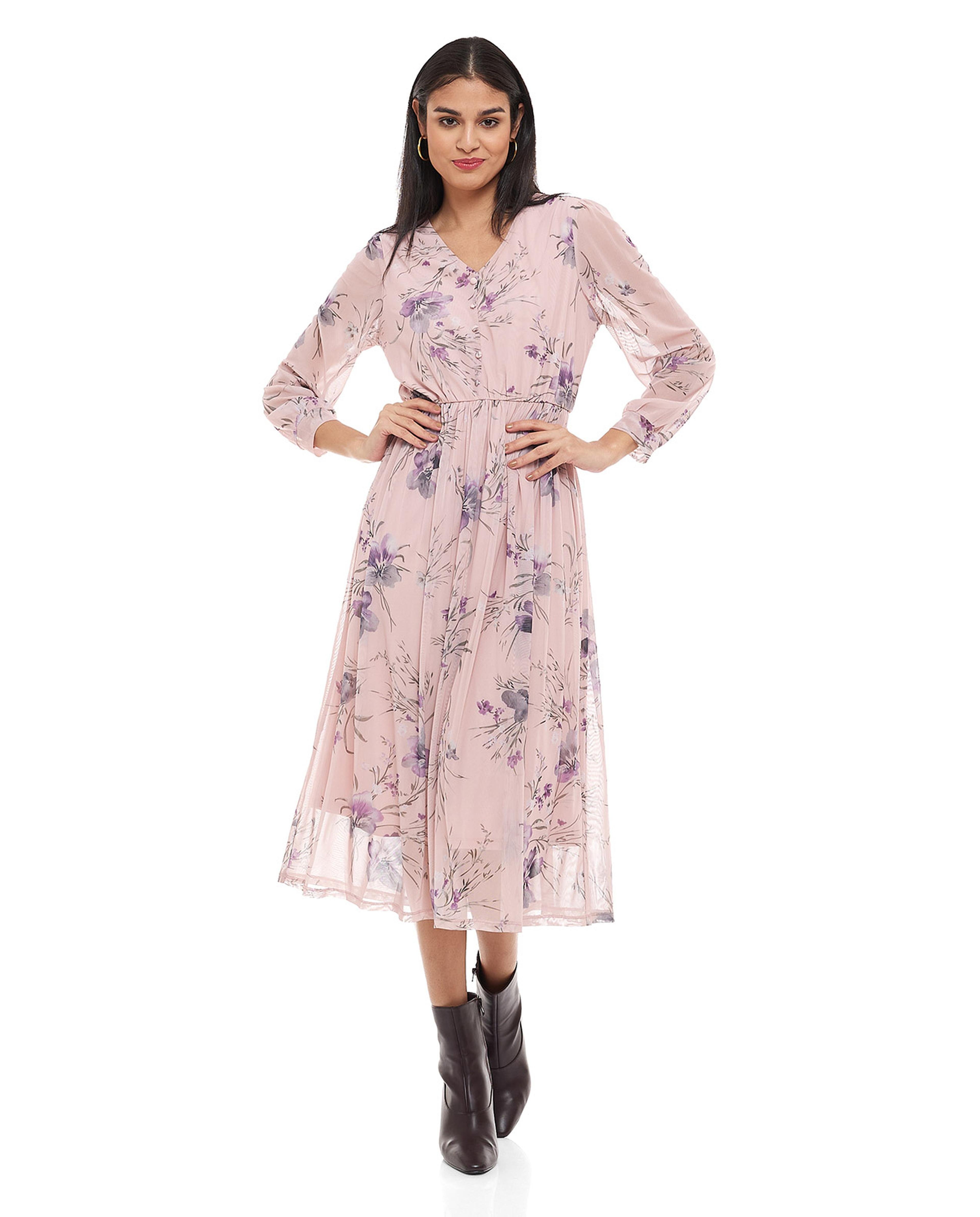 Floral Print Midi Dress with V-Neck and Long Sleeves