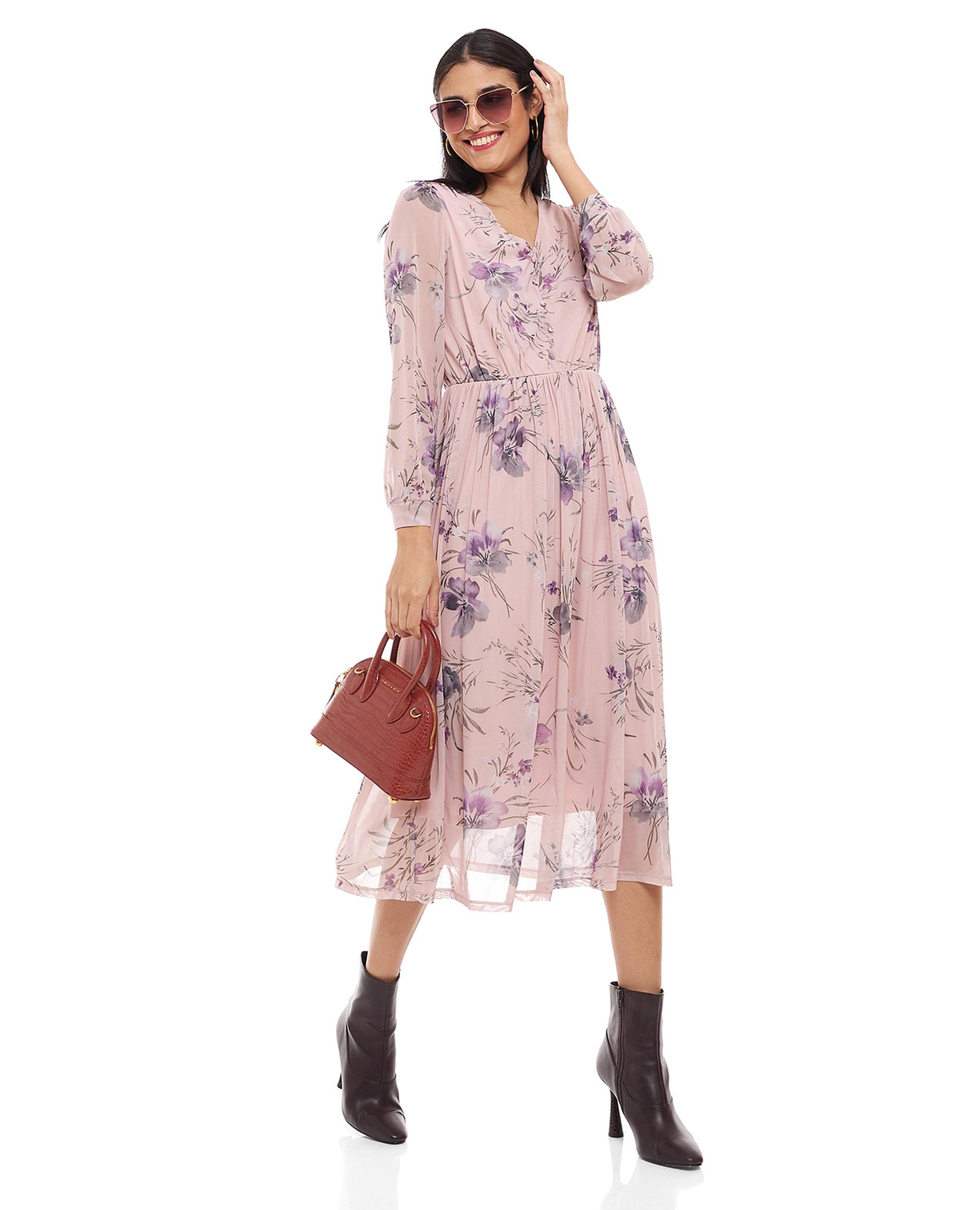 Floral Print Midi Dress with V-Neck and Long Sleeves