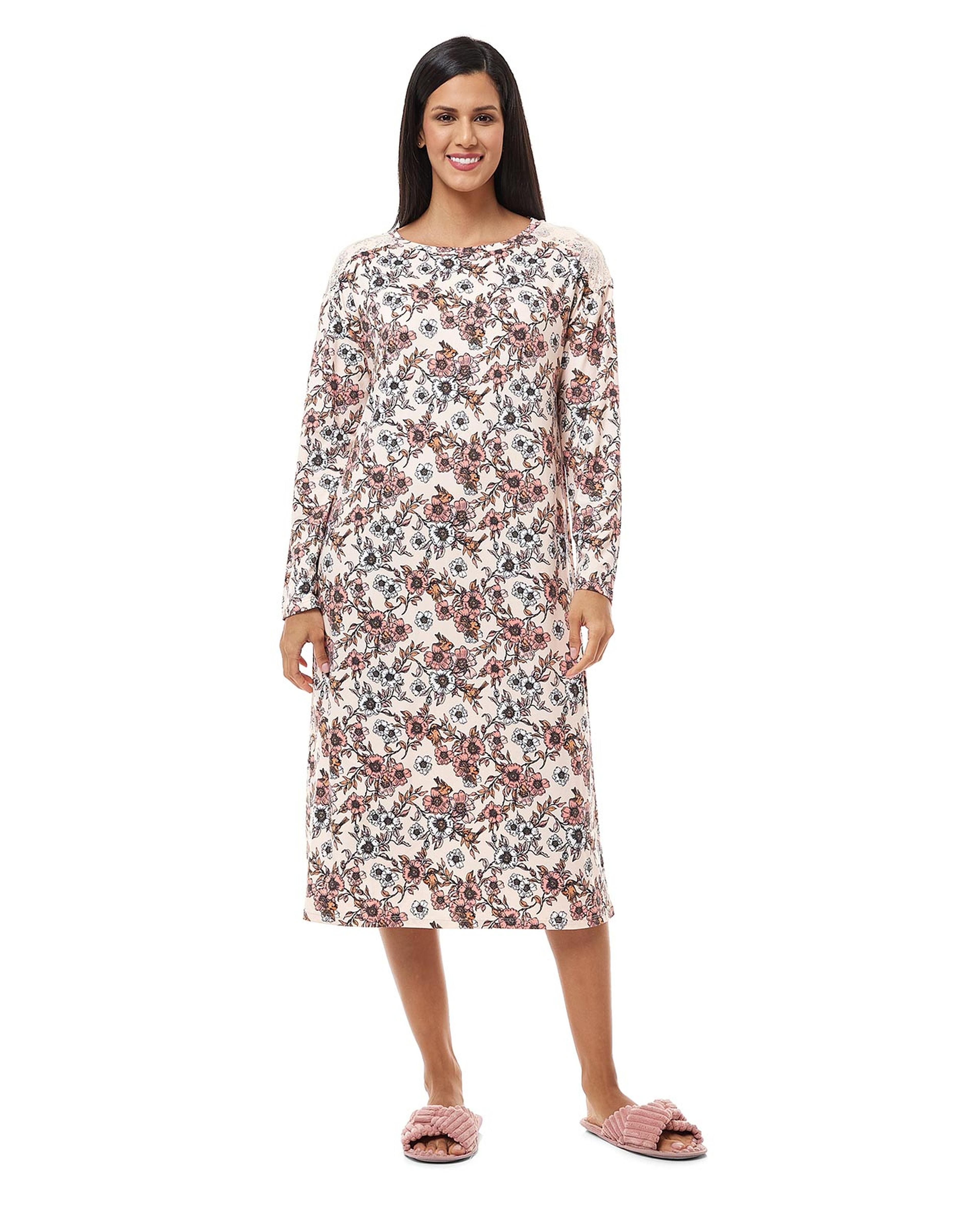Floral Print Nightgown with Long Sleeves